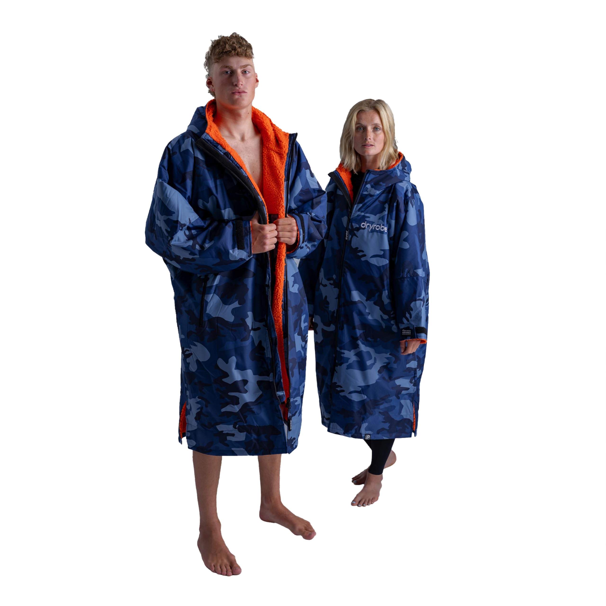 Dryrobe Advance - The Original Long Sleeve Waterproof Changing Robe - Oversized Coat with Fleece Lining - for Beach, Cold Water Wild Swimming, Surfing - Medium - Blue Camo Orange