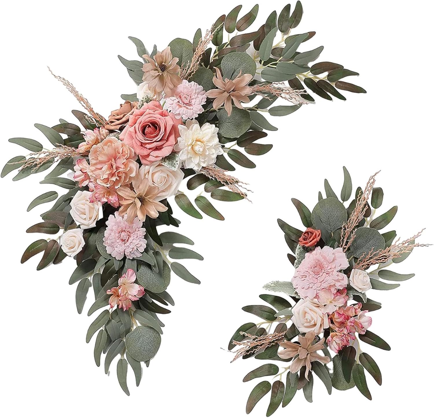 2 Pieces Silk Flowers Floral Backdrop Hanging Wedding Arch Wreath,Artificial Flower Swag for Home Wall Door Party Decoration, Champagne Pink