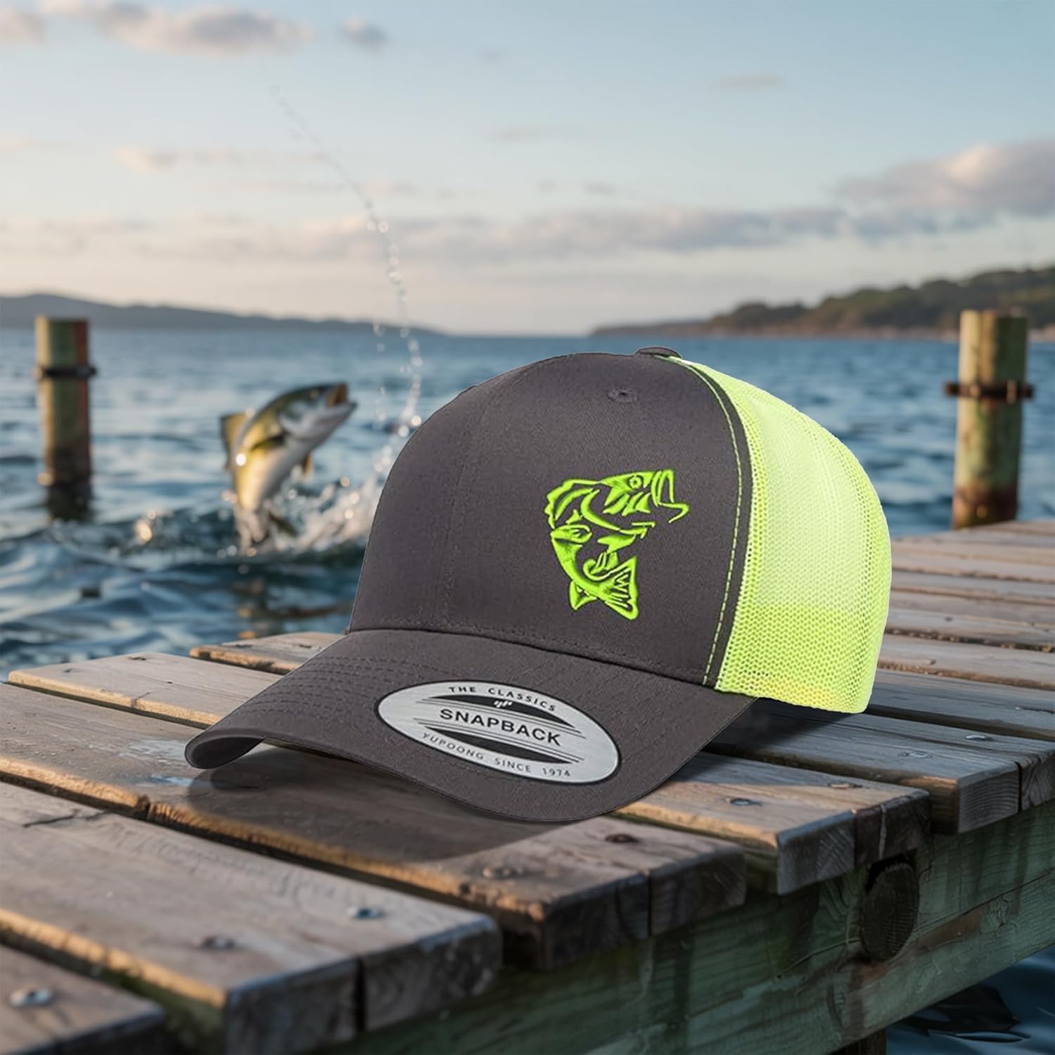 Jumping Bass Trucker Hat – Embroidered Fishing Snapback Cap for Men & Women, Breathable Mesh Outdoor Hat