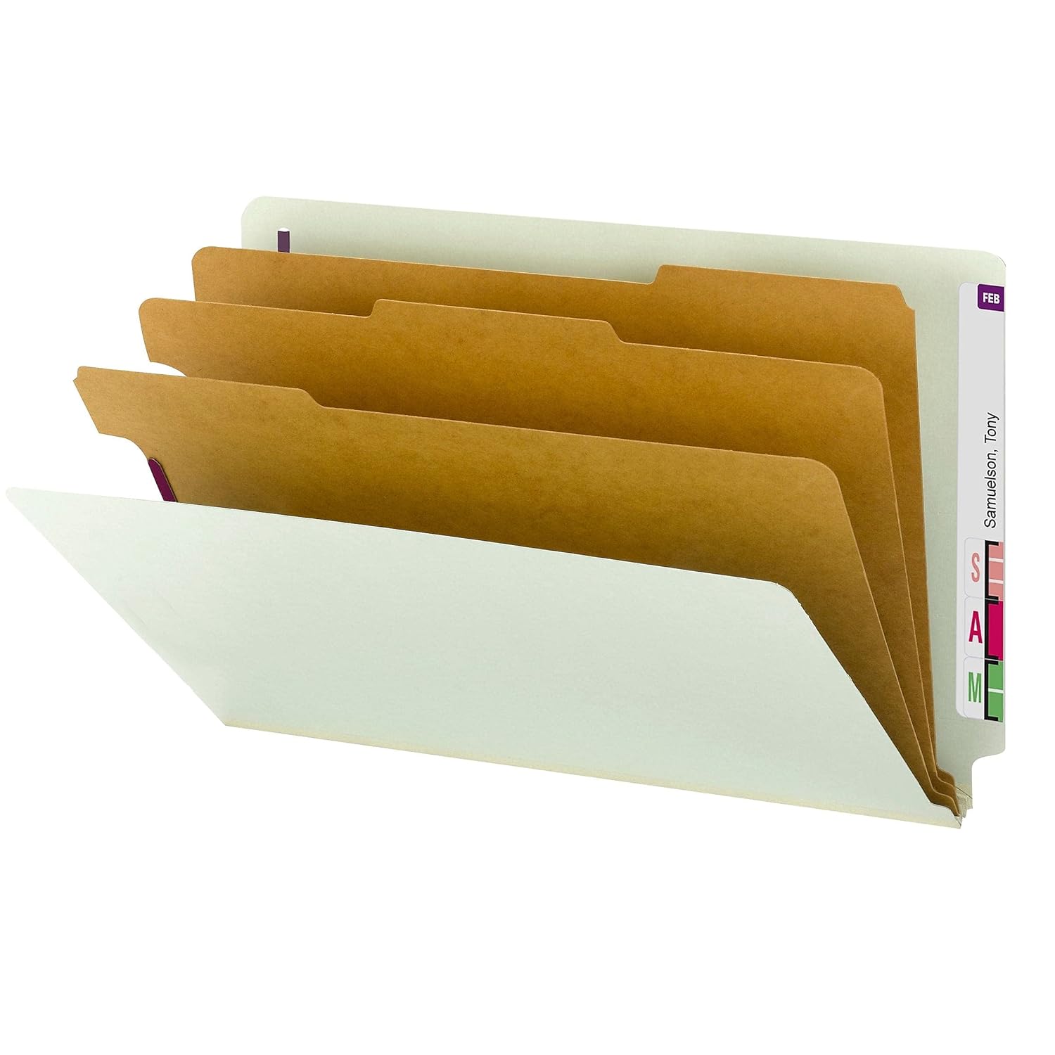 Smead 100% Recycled End Tab Pressboard Classification File Folder with SafeSHIELD Fasteners, 3 Dividers, 3" Expansion, Legal Size, Gray/Green, 10 per Box (29820)