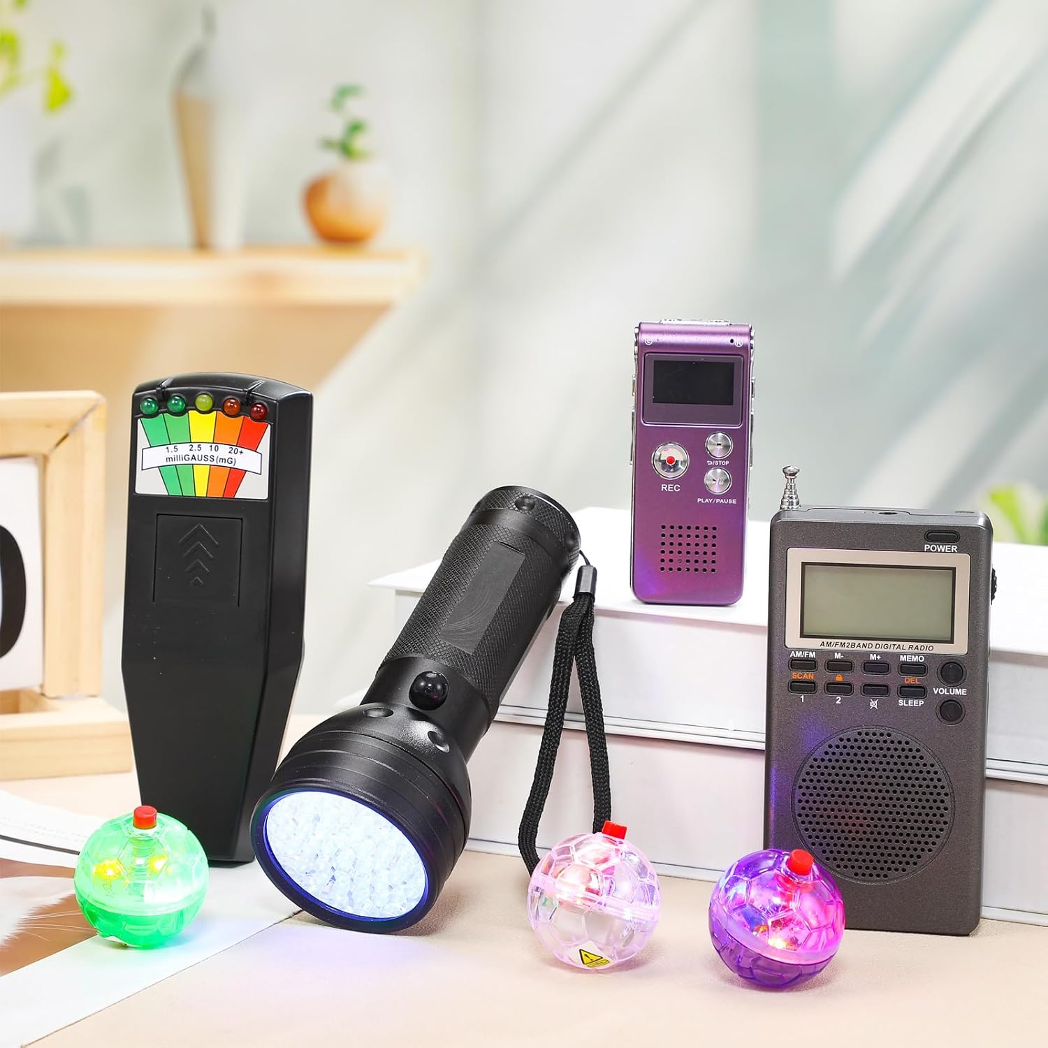 Saillong 7 Pcs Ghost Hunting Equipment Kit 1 Electromagnetic Paranormal Radiation Detector 1 Digital EVP Voice Recorder 1 Hand Held Radio 1 UV Flashlight 3 LED Light up Cat Balls, 8gb(Multicolor)