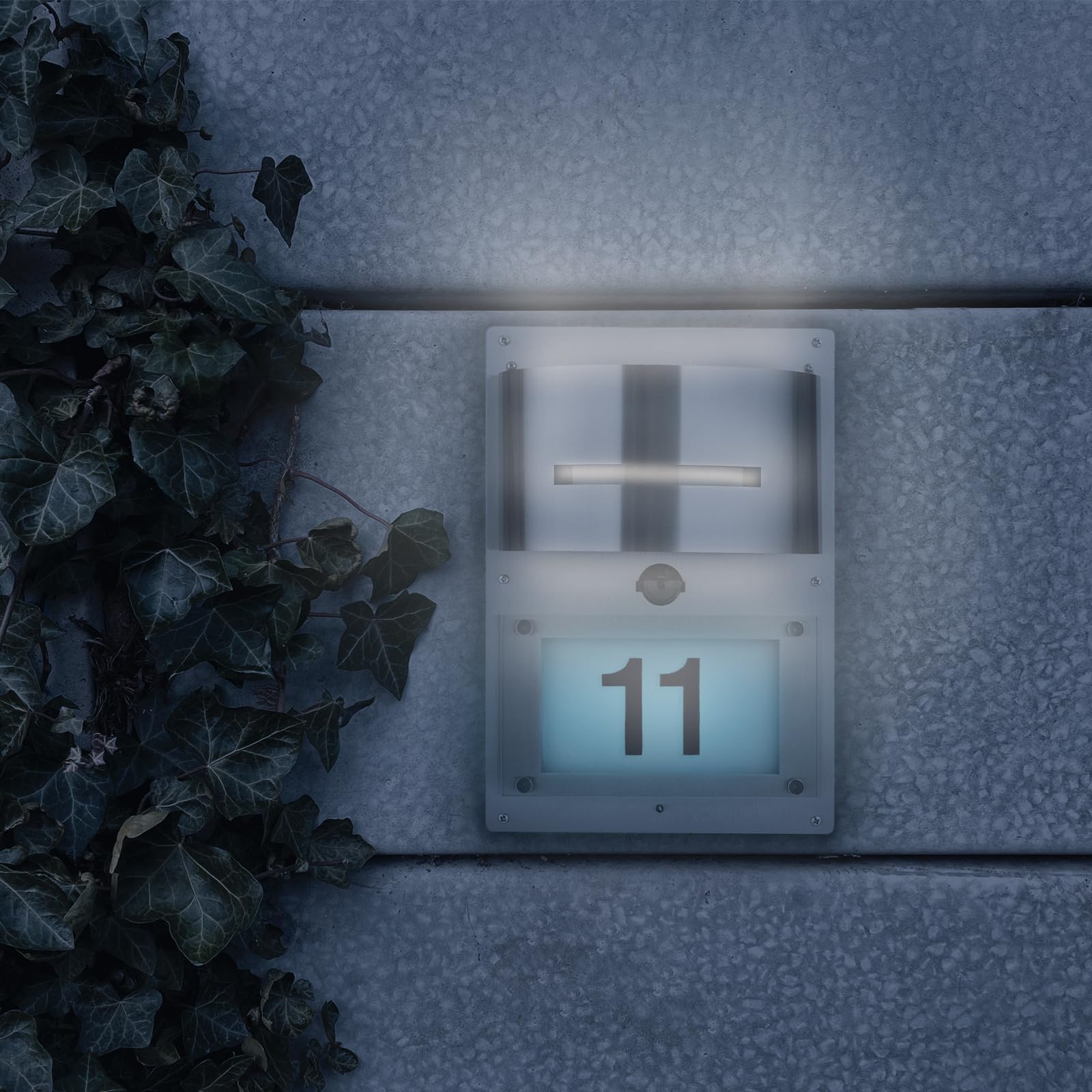 Grafner Edelstahl Wandlampe mit beleuchteter Hausnummer und Bewegungsmelder, Dämmerungssensor, LED Hausnummernleuchte Wandleuchte