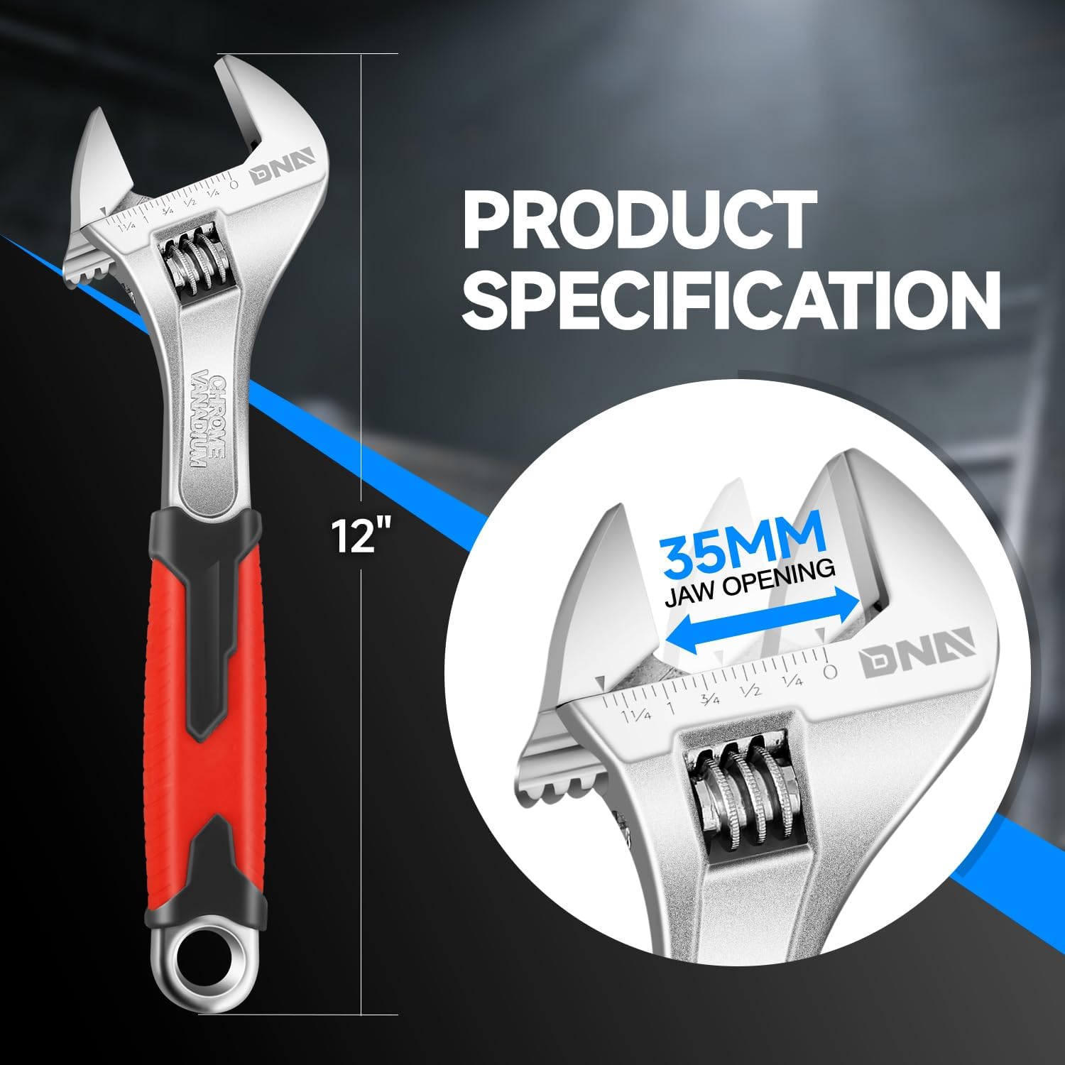 DNA Motoring TOOLS-00050 Adjustable Wrench Spanner - 10 Inch, Vanadium Steel Automotive Repair Tool w/Four-Sided Jaws and Rubber Grip