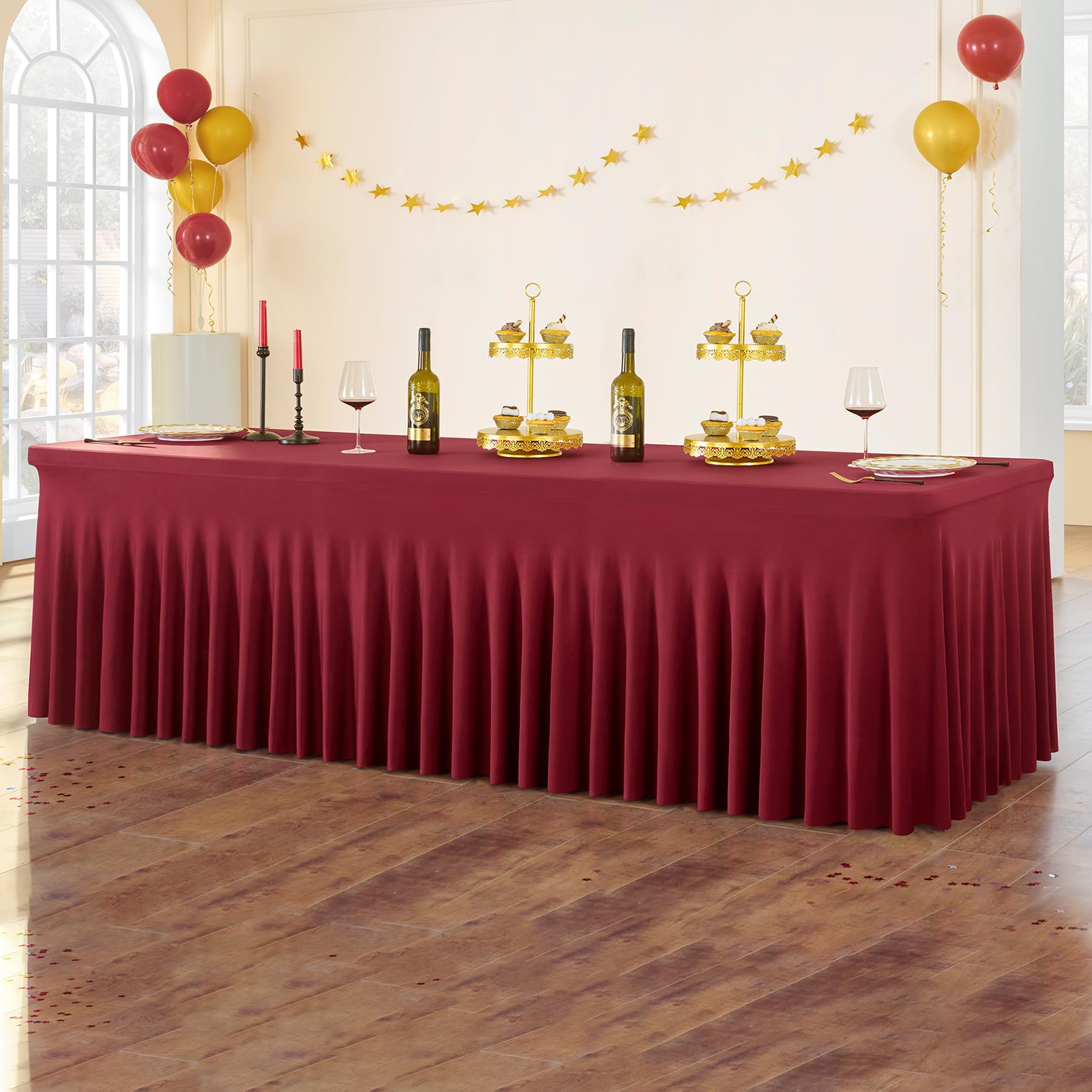 Spandex Burgundy Table Clothes for 8 Foot Rectangle Tables, Wrinkle Free Fitted Tablecloth Cover 8ft Maroon Stretchy Tablecloths Desk Skirt for Parties Weddings Birthday Banquet Baby Shower