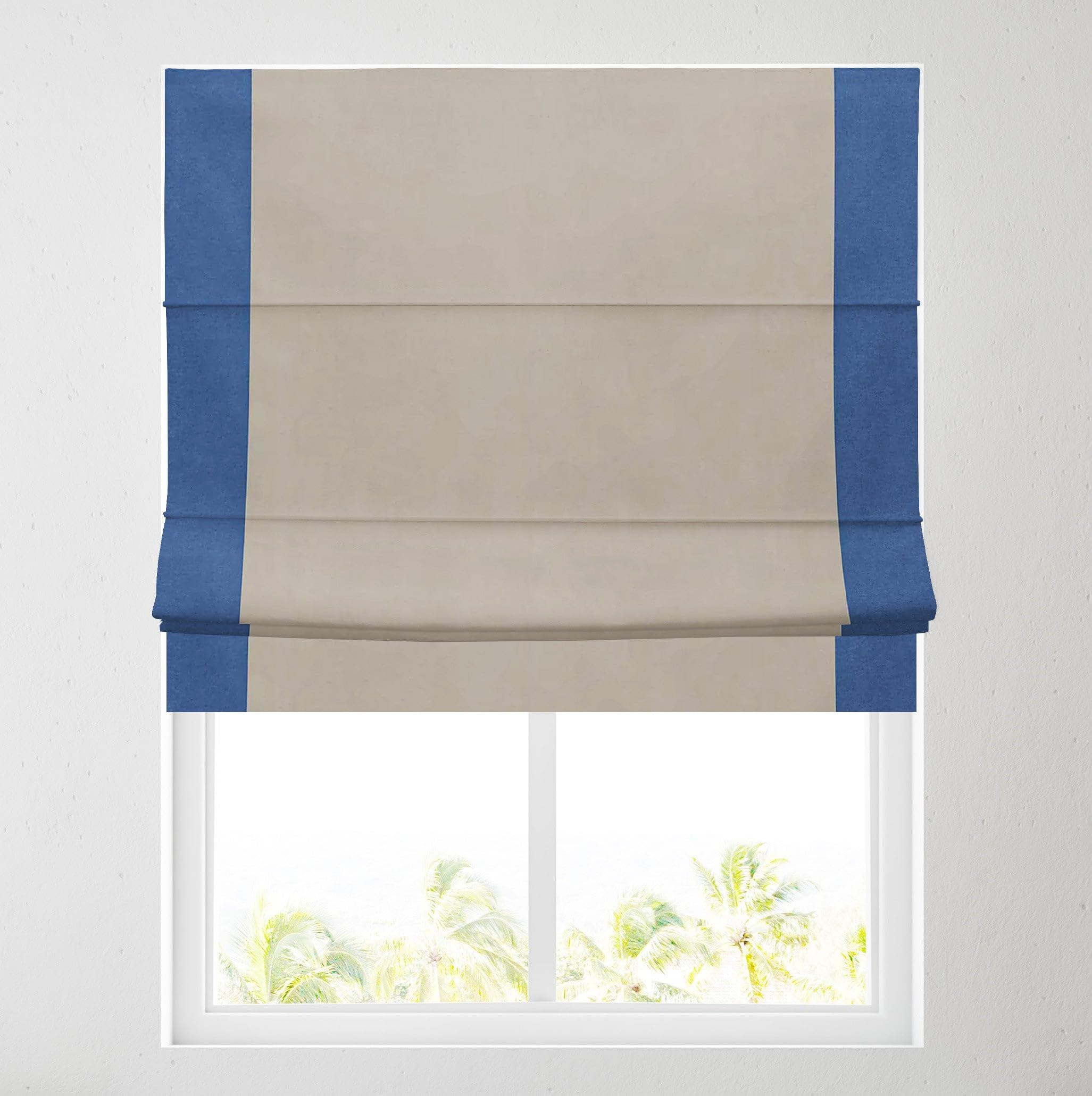 Barnes Blinds And Interiors Classic Blue Soft Textured Ara Bordered Roman Blinds - Durable Fittings Easy Fit (Natural/ 183Cm)