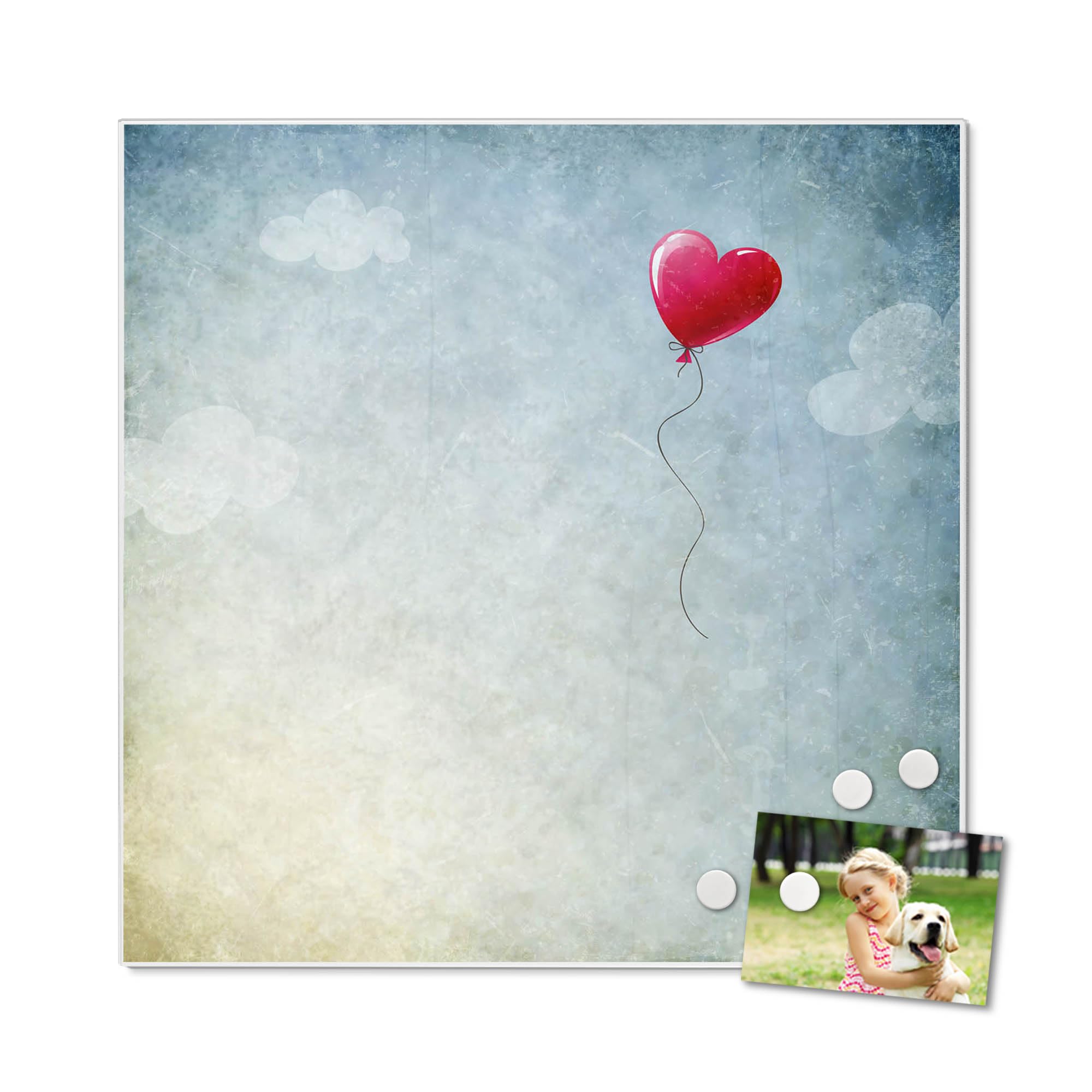 banjado Magnettafel 50 x 50 cm/Magnetwand aus Metall/Magnetpinnwand als Memoboard/Pinnwand Magnettafel Küche, Büro, Kinderzimmer inkl. 4 Magnete & Montageset - Motiv Herzballon
