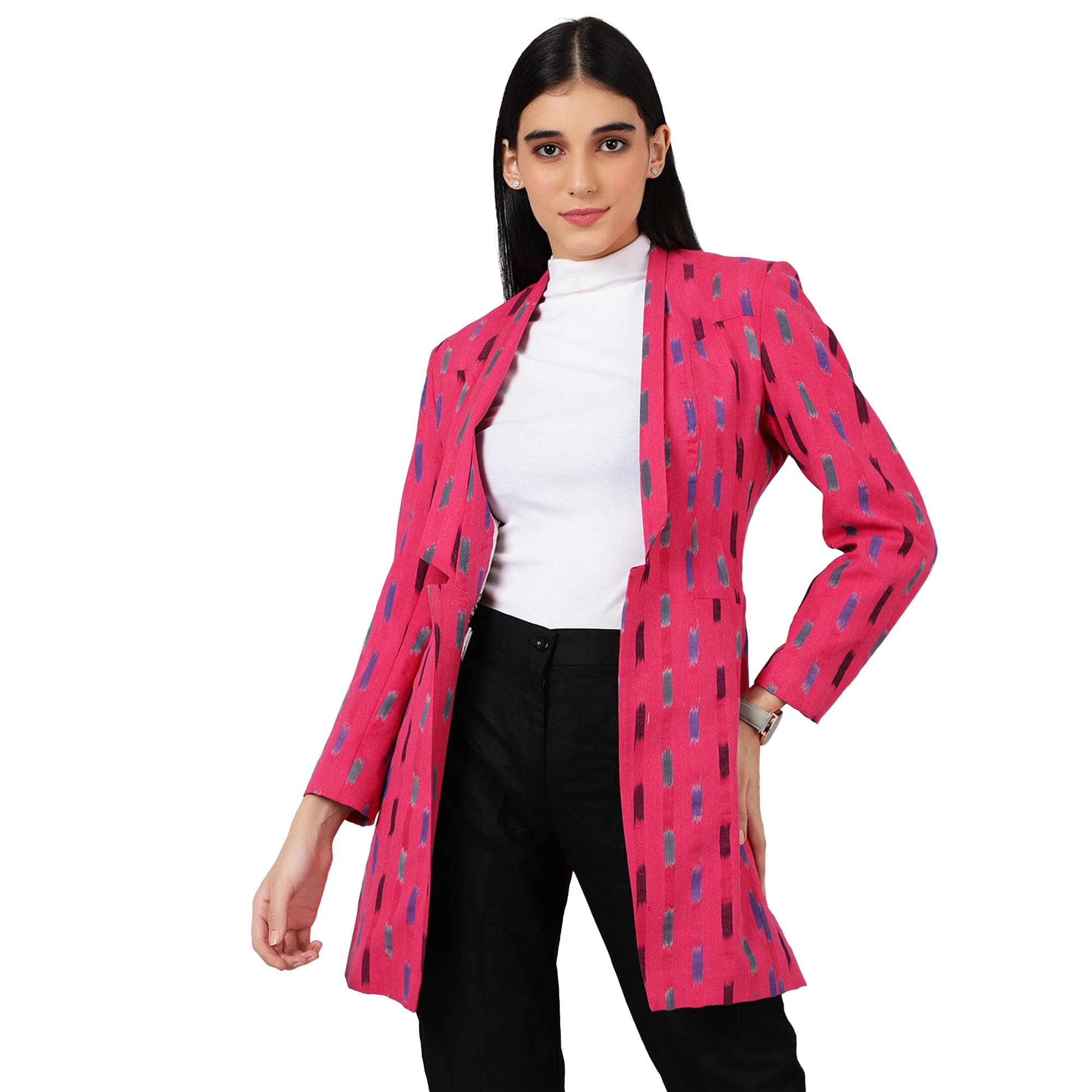 indophilia Women's Ikat Pink Cotton Blazer-picture-17