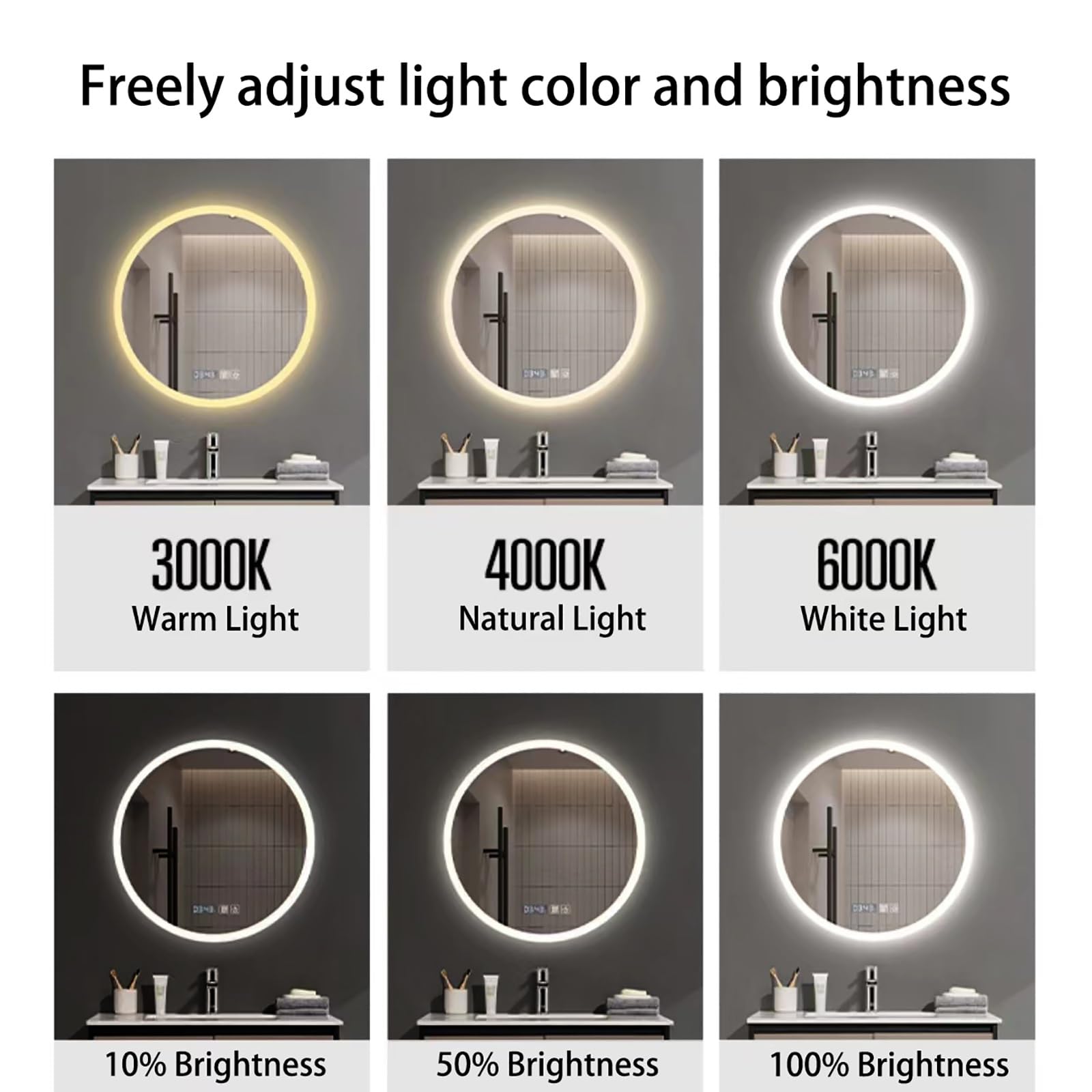 Specchio Bagno LED,Specchio Trucco con Luci,Dimmerabile,Anti Appannamento,Specchio Montato a Parete con Smart Touch Button,Specchio da Bagno Senza Cornice alla Moda (Size : 50cm)