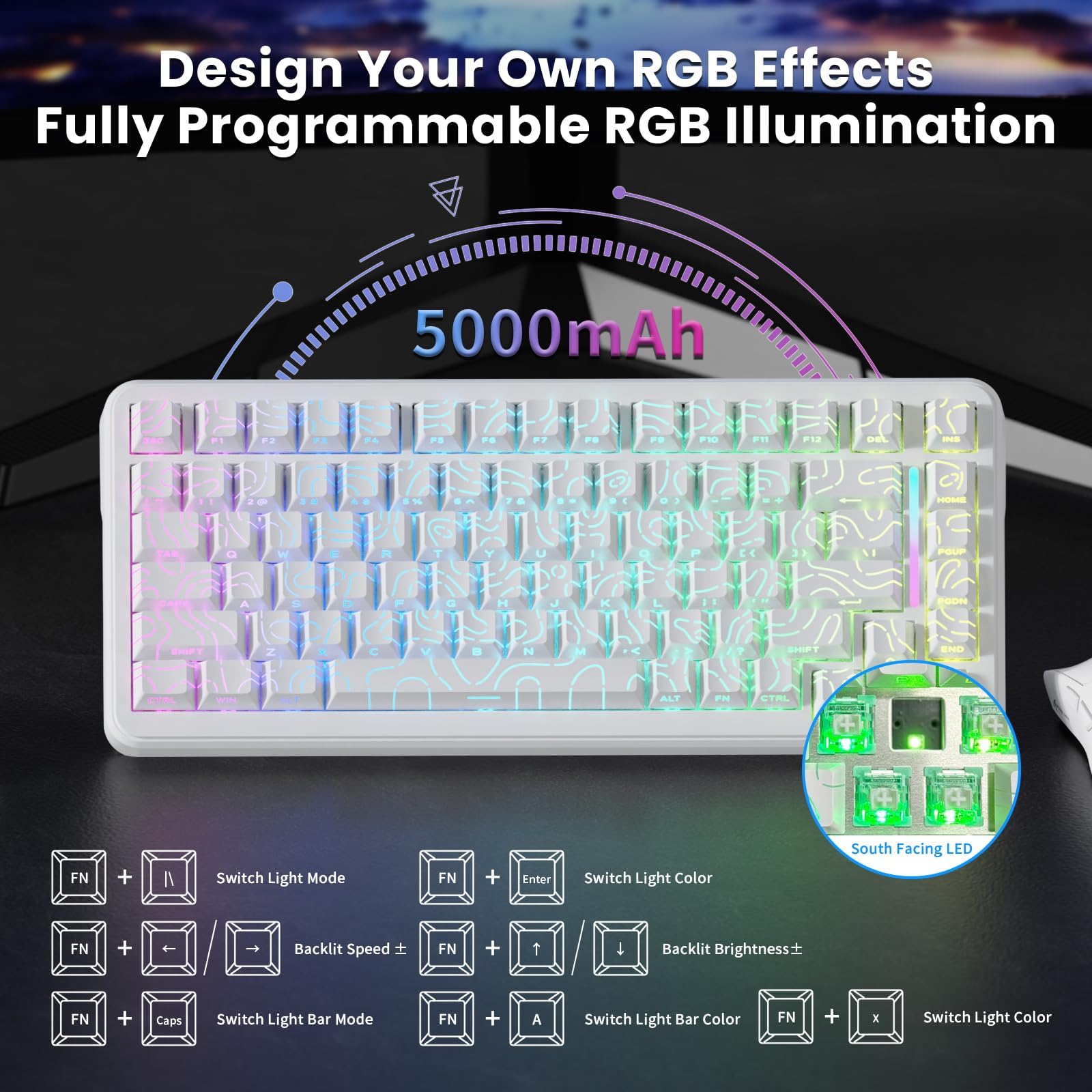 ATTACK SHARK X82PRO HE Clavier Magnétique Sans Fil 75 % avec Déclenchement Rapide, Clavier Gaming Filaire 8000, Switchs à Effet Hall à Actionnement Réglable, QWERTY, RGB, C01 Câble Spiralé RGB -Blanc