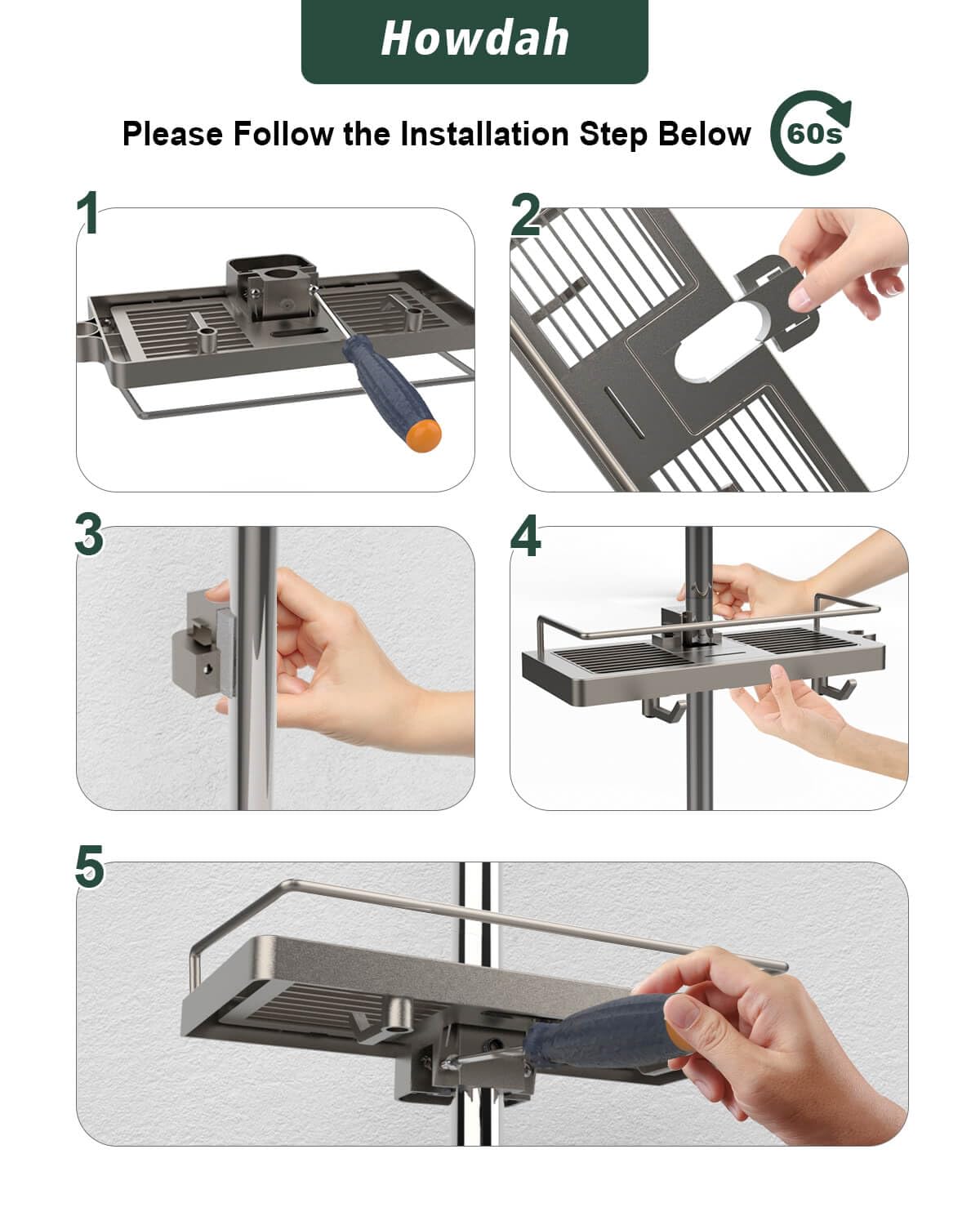 Mensola Doccia Senza Foratura Howdah - Per Asta 18-25mm, Con 2 Ganci, Acciaio Inox, Grigio Scuro - Foto 9