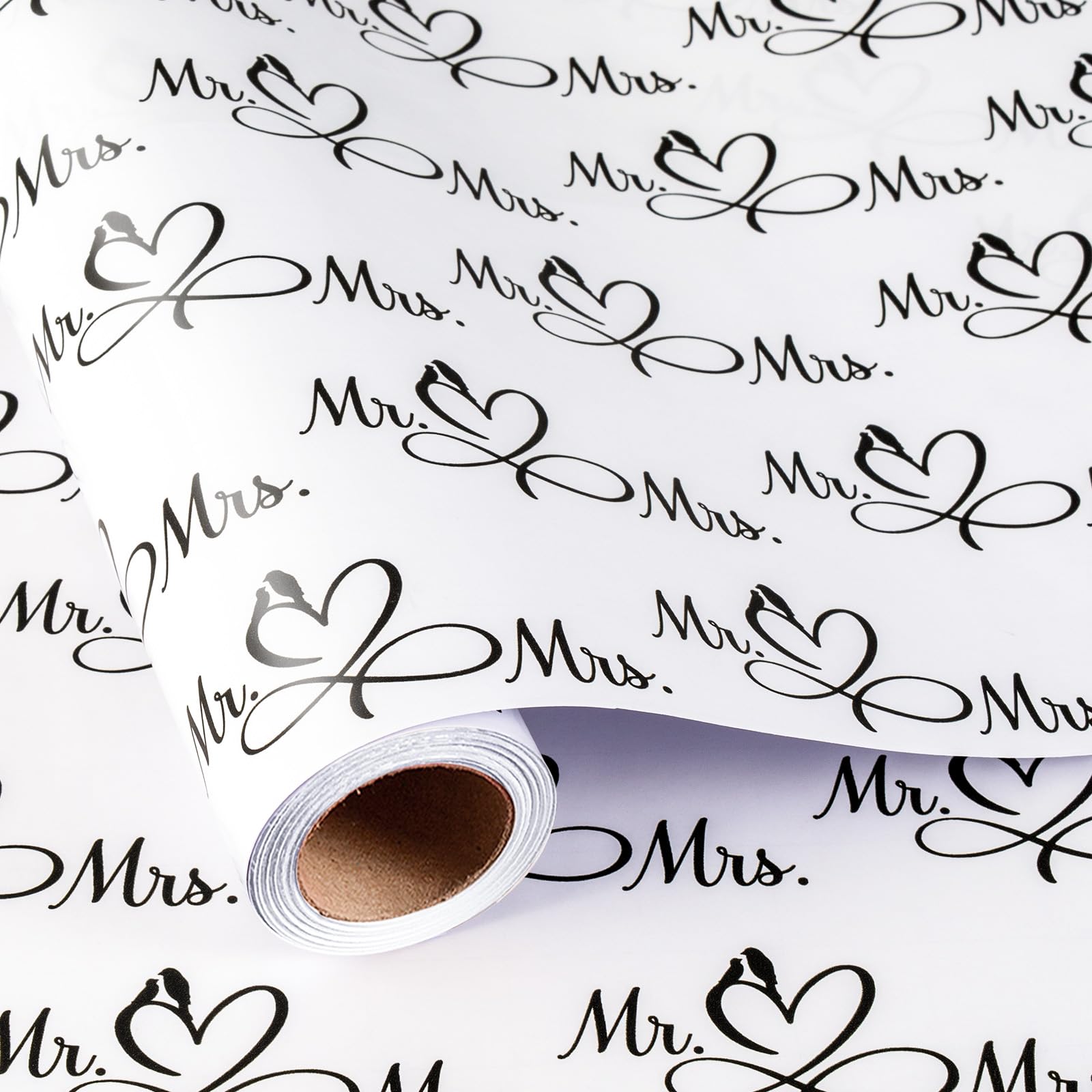 Burymento Wedding Wrapping Paper Roll, Black and White Mr and Mrs Gift Wrap with Grid Lines, Elegant Bridal Shower Gift Wrapping Paper for Engagement, Anniversary (Mini Roll, 17 In x 16.4 Ft)
