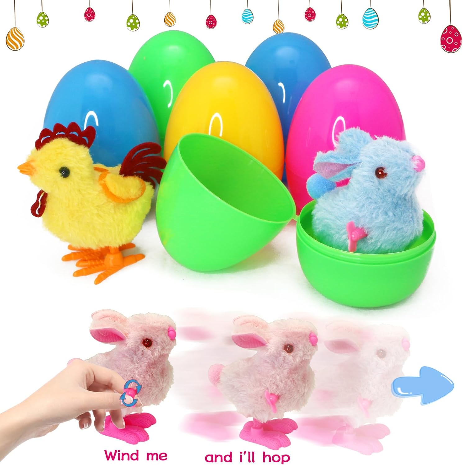 8pcs Prefilled Easter Egg with Wind Up Chicks and Bunnies, Easter Egg Fillers for Kids, Basket Stuffer, Party Favors, Classroom Prize