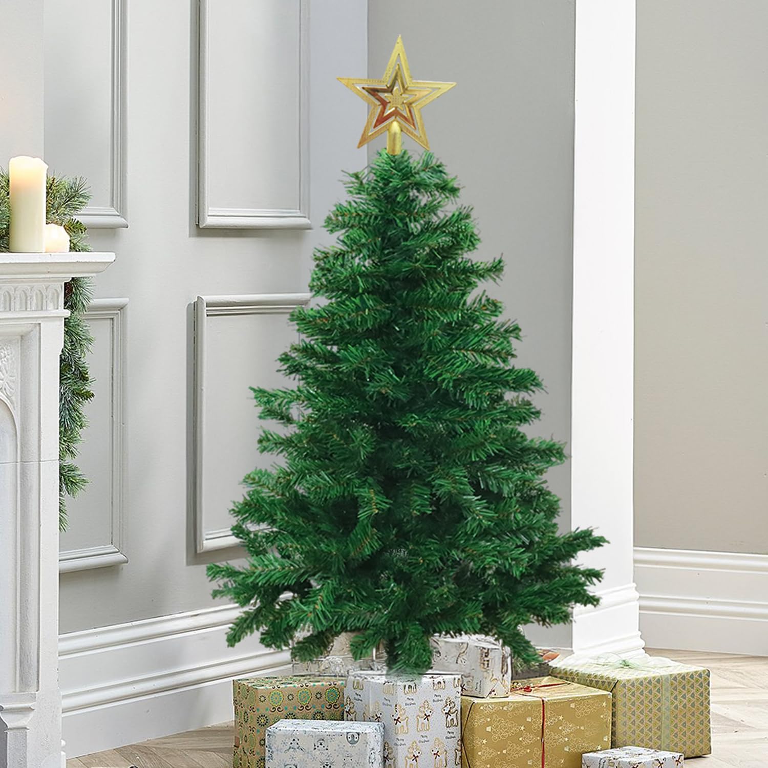 4FT Small Christmas Tree Christmas Decorations, 250 Branch Mini Chrismas Tree with Foldable Stand, Artificial Xmas Tree Christmas Decorations for Office, Tabletop, Home, School, Porch, Party Decor