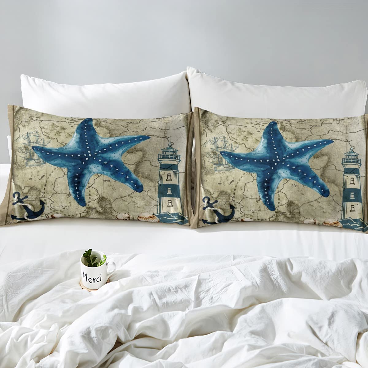 Set copripiumino in cotone con stella marina e conchiglie, tema oceano