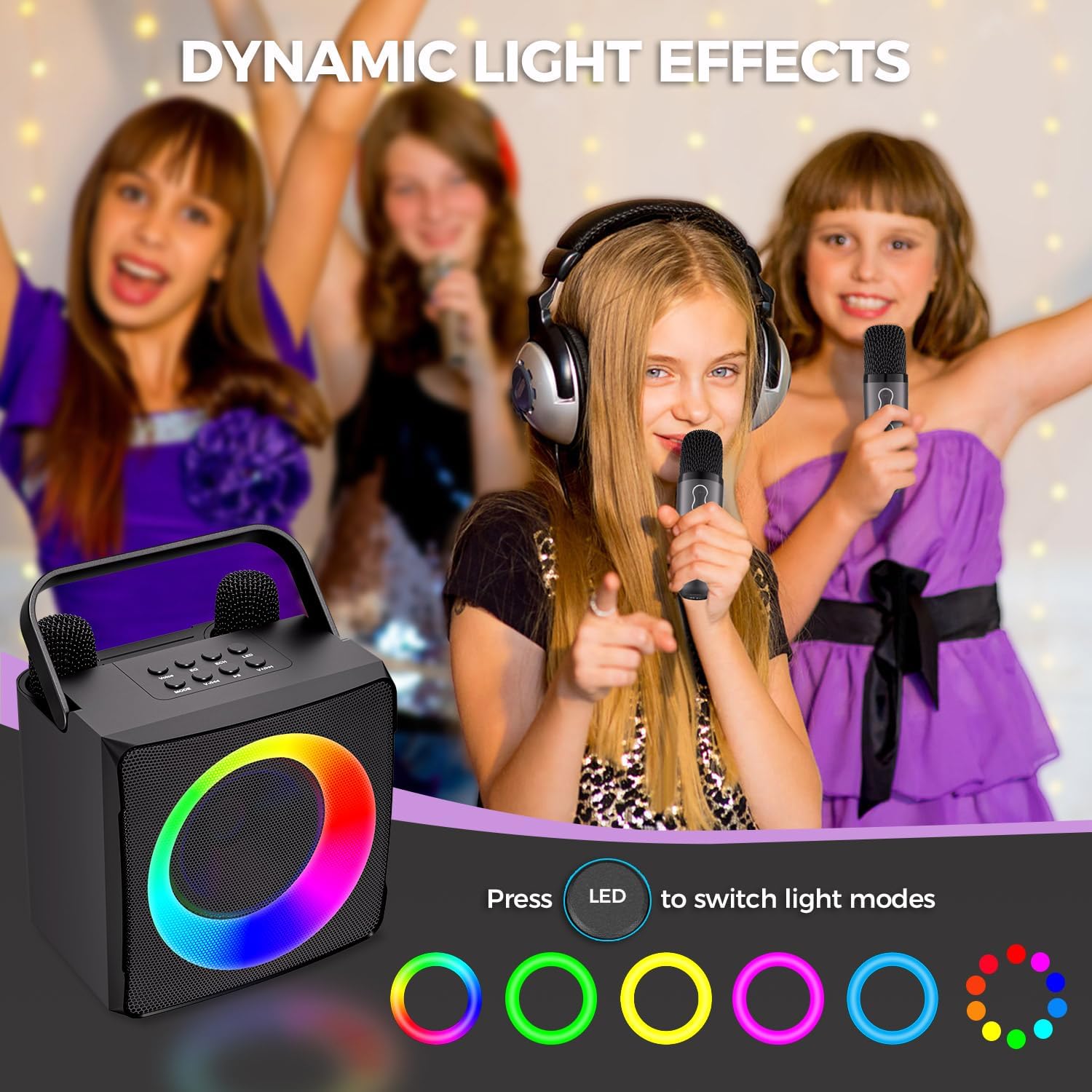 Verkstar Karaoke Machine, Portable Karaoke Speaker with 2 Wireless Microphones Storage Hole, Bluetooth PA System for Adults Kids with LED Lights, Home Party Gift for Girls Boys - Image 3