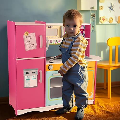 Miniatura 5 de Juego de cocina para niños de 3 a 8 años, cocina de madera para juegos de simulación, teléfono inclinado, máquina de hielo, refrigerador,