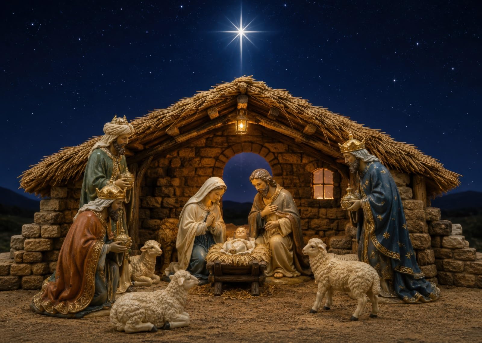 BELECO 3.6x3m Sfondo in tessuto Natività notte stellata e presepe