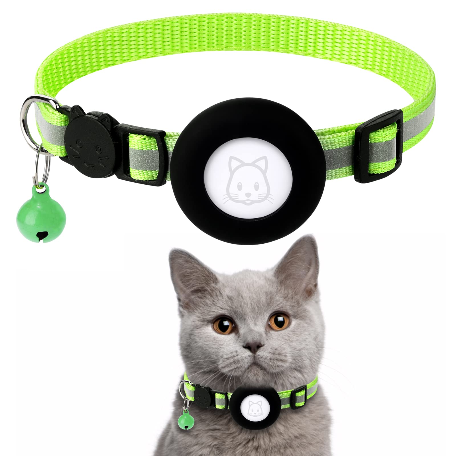 Airtag Cat Collar, Airtag Cat Collar with Bell and Safety Closure in 3/8 Inch Width, Reflective Collar with Waterproof Airtag Holder, Compatible with Apple Airtag for Cats