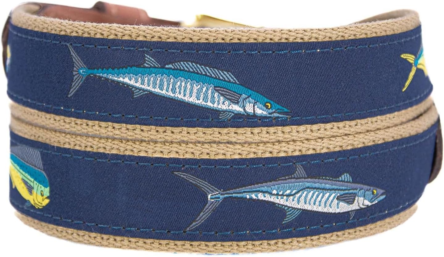 ZEP-PRO Offshore Slam Men's Woven Ribbon Belt – Repeating Game Fish Design With Tan Full Grain Leather Tabs – 1.25" Wide Outdoor Lifestyle Accessory, Size 34 - Image 2