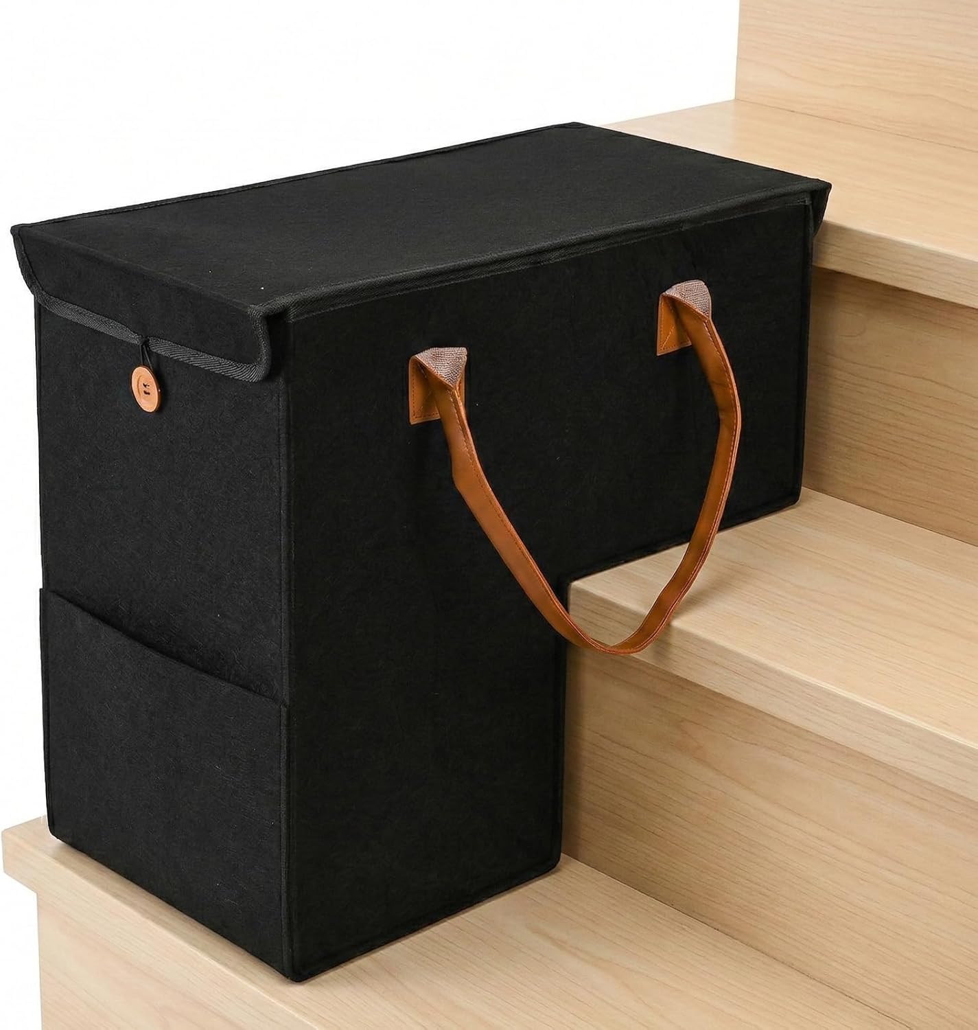 Yopay 2 Pack Stair Storage Baskets with Leather Handles, Upgraded Step Organizer Bin with Lid for Carpeted Wooden Stairs, Foldable Felt Basket with Supporting Insert for Books, Clothes, Office Supplie