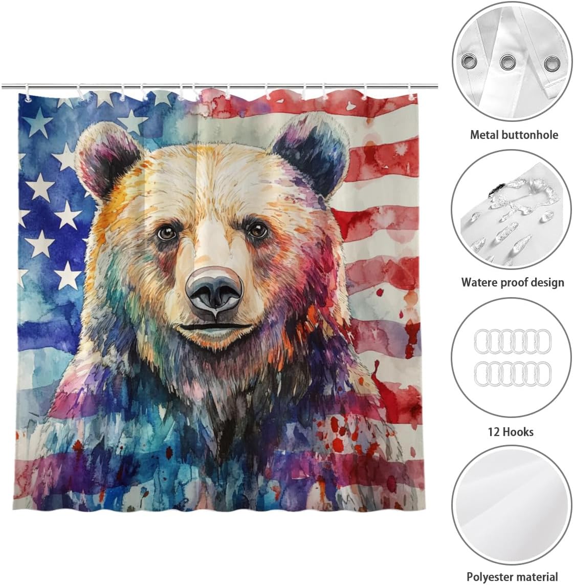 NGZ 4th of July Independence Day Bear Shower Curtain Set American Flag Patriotic Shower Curtain Waterproof Fabric Shower Curtain with 12 Hooks 72''x72''