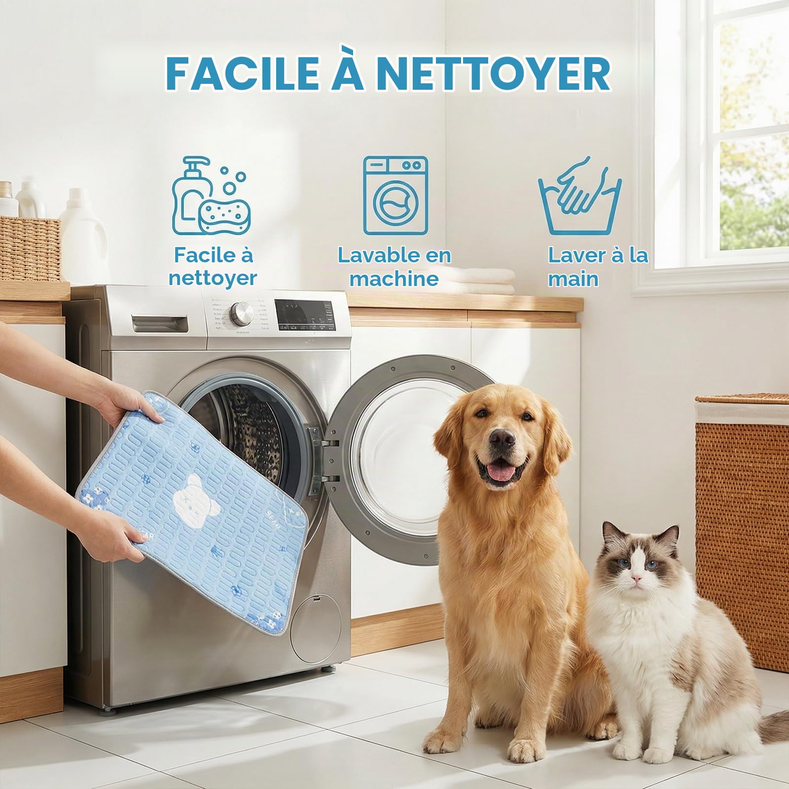Tapis Rafraîchissant pour Chiens et Chats 50x40cm, Lavable en Machine - Motif Ours Bleu, Matelas Auto-Rafraîchissant en Tissu Glace & Remplissage Latex, Points Anti-Dérapants, pour Maison, Voiture