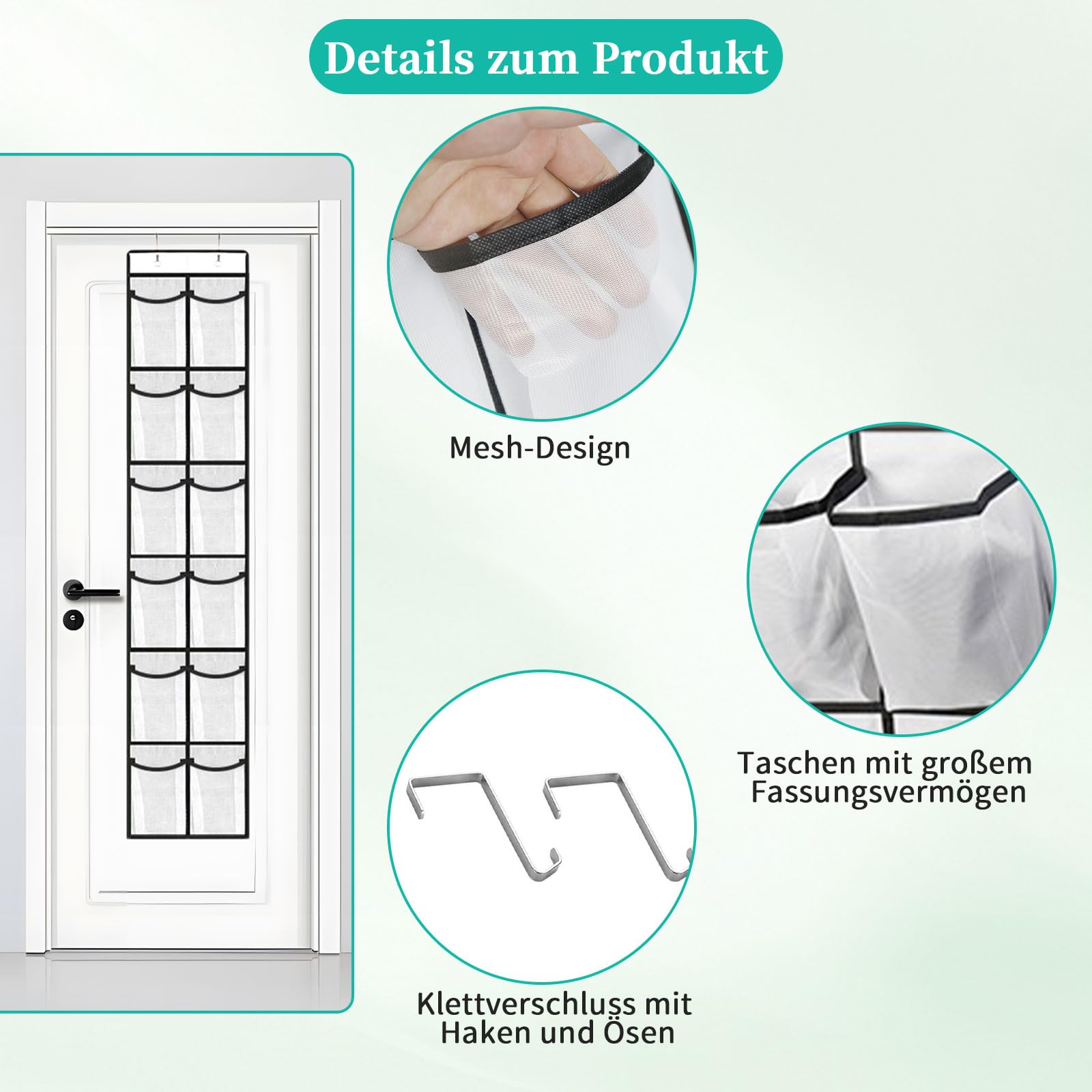 organizer na buty do zawieszenia nad drzwiami, z 12 dużymi siatkowanymi kieszonkami i 2 haczykami, organizer na buty oszczędniający miejsce do salonu, sypialni, łazienki (kolor: biały)