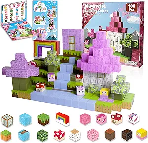Magnetic Blocks - 100 PCS Magnet Block Stacking Sensory STEM Outdoor Game for 3+ Years Old Boys&Girls Children Birthday Easter Gift, 3D Tiles Construction Weekends Toy Set, Castles and Rainbow