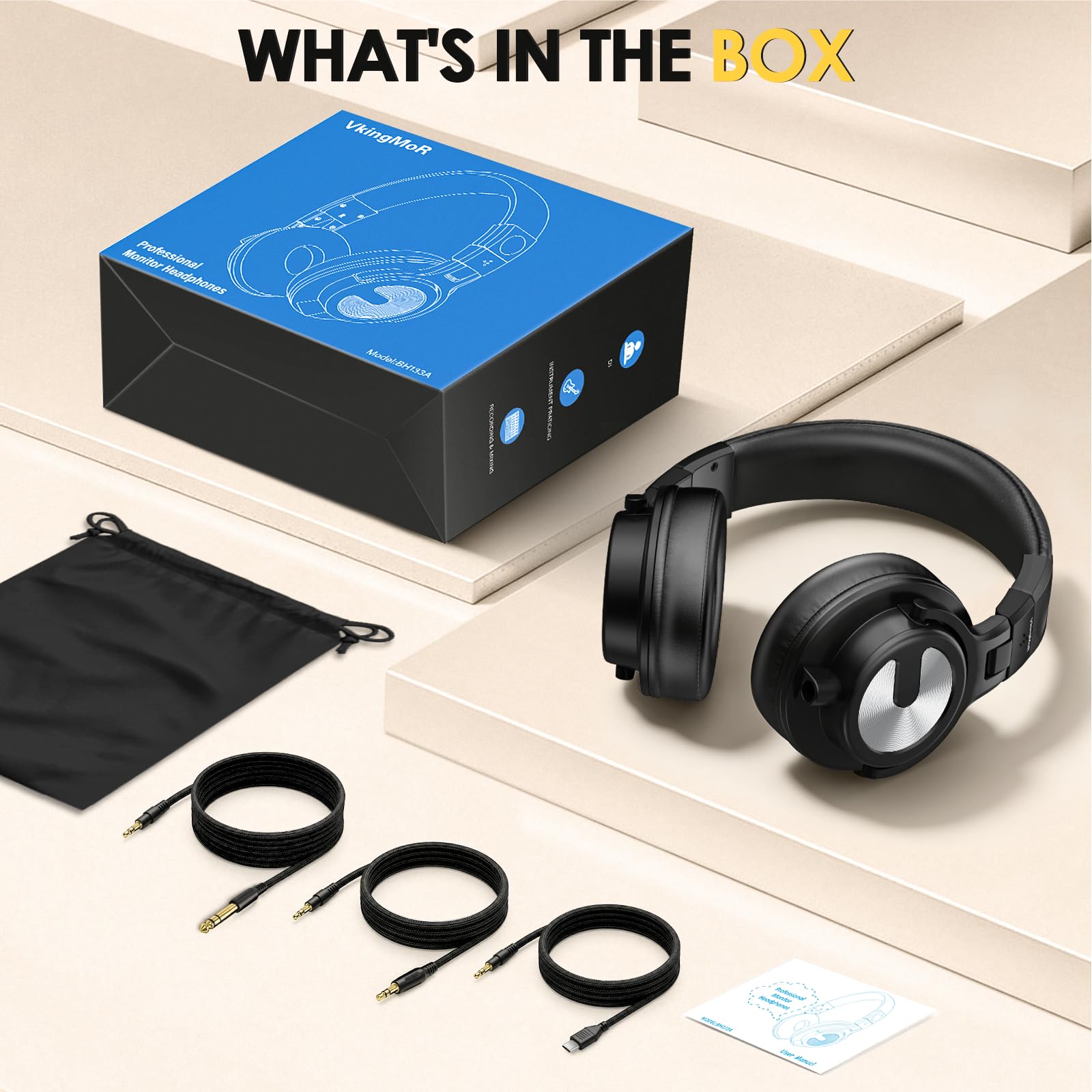 Auriculares de estudio, auriculares profesionales de DJ con controladores de 50 mm, auriculares sobre la oreja con cable con conector USB-C de 6,35 mm/3,5 mm/para monitor de estudio y mezcla