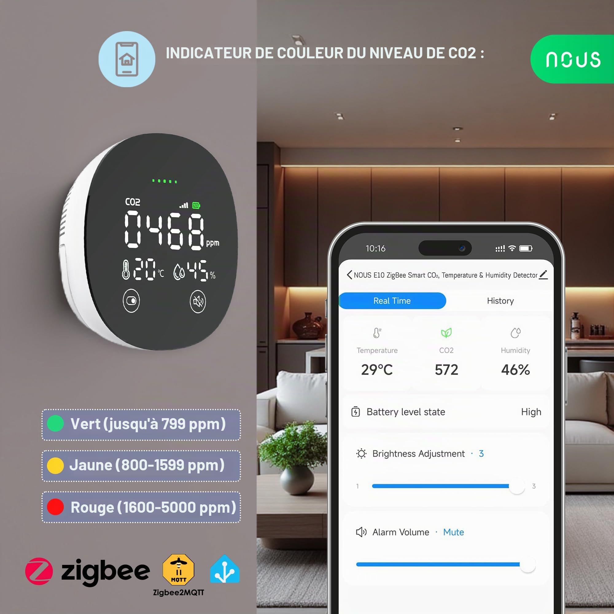 NOUS E10 Détecteur ZigBee CO2 avec Capteur de Température & Humidité, Moniteur Intelligent de Qualité de l’Air, Écran LED, Alertes Sonores&App, Suivi en Temps Réel, Zigbee 3.0, Compatible Alexa & Tuya