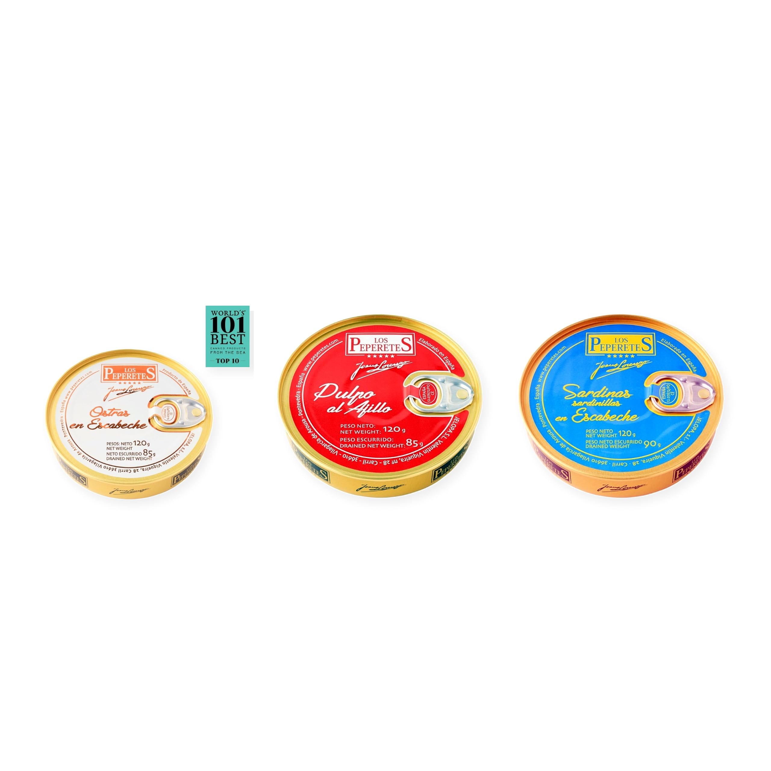 los peperetes conservas Ostras Escabeche, Pulpo Ajillo y Sardinillas Escabeche pack 3 latas