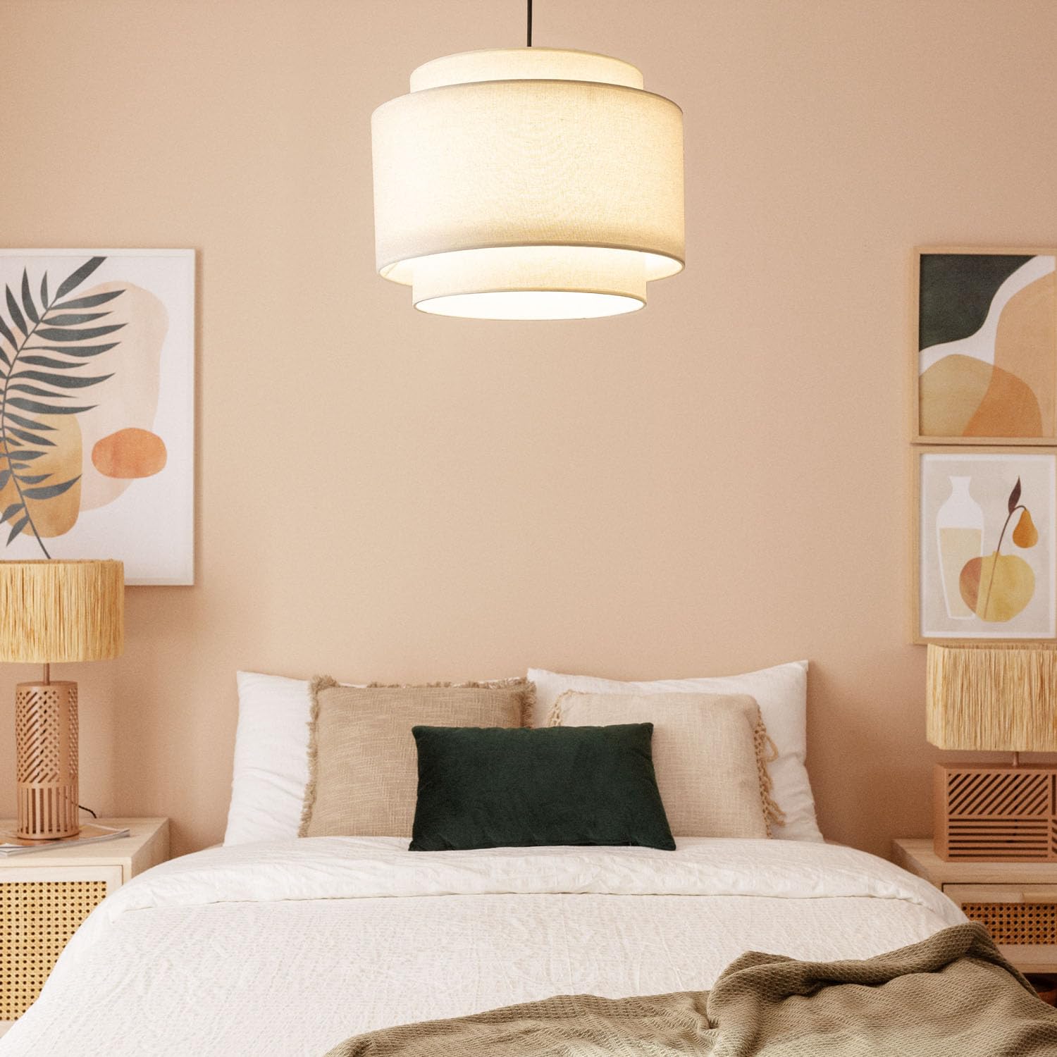 LEDKIA LIGHTING - Lámpara Colgante Arija | Diseño Vintage | Ideal para Salón, Dormitorio y Cocina | Compatible con Bombilla E27 | IP20 | Metal y Tela, Beige