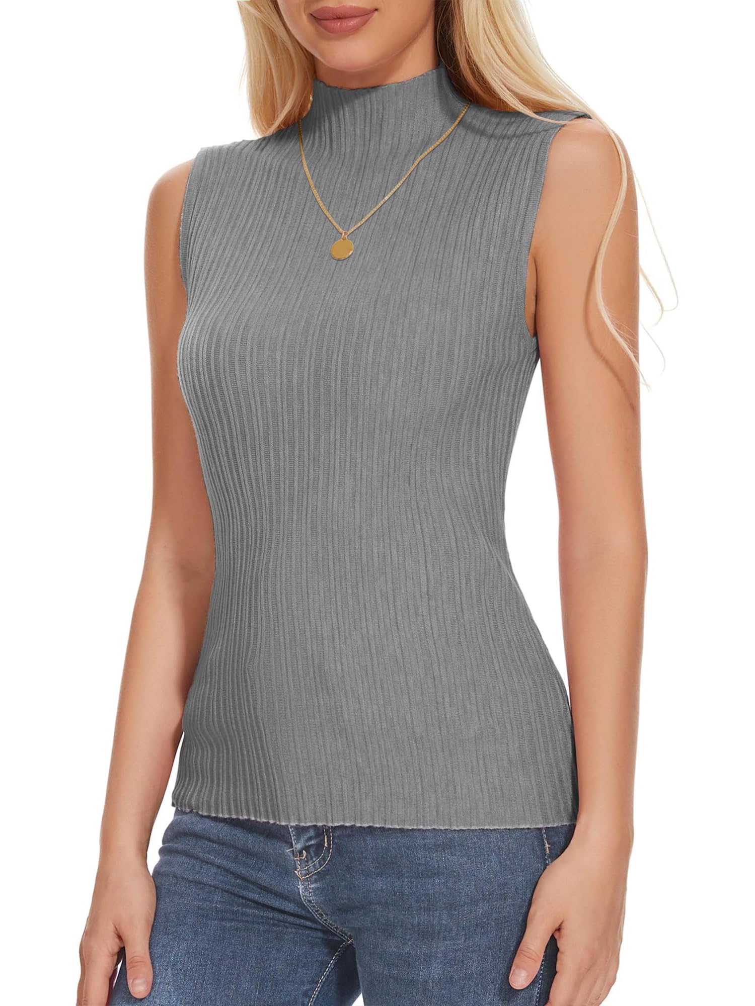 Womens Textured Tank Top Mock Neck Sleeveless Slim Fit Vest Top