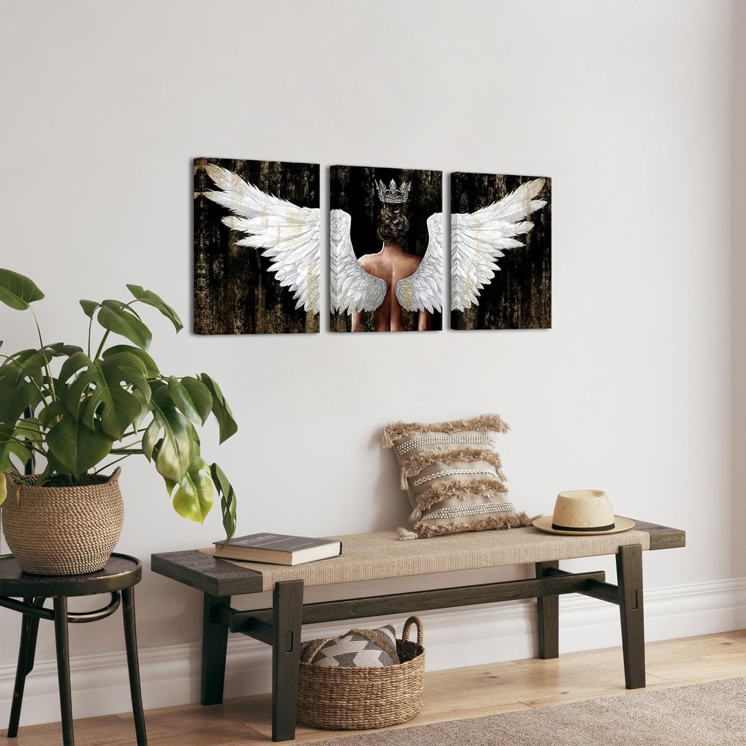 OuElegent Gold And Black Angel Wings Wall Art Canvas Prints Girl Wearing Crown Contemporary Artwork for Living Room Bedroom Decor Framed 12"x16"x3pcs (Black, Small)