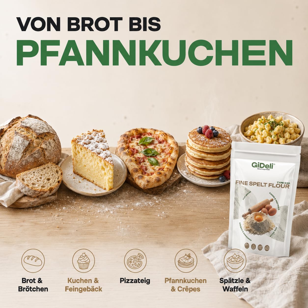 GiDeli Dinkelmehl Typ 630 Hell, Fein Gemahlen zum Brot Backen, 4x5kg
