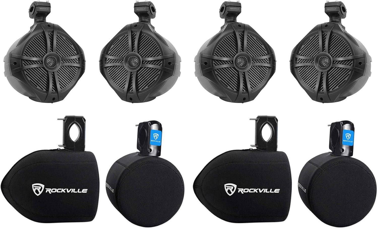 Rockville RWB90B Bundle: (4) 8 in 300-Watt Marine Wakeboard Speakers with 360° Swivel Mounts, (4) RWBC80 Neoprene Speaker Covers, Rustproof, for Boats and Off-Road Vehicles, 8-Items
