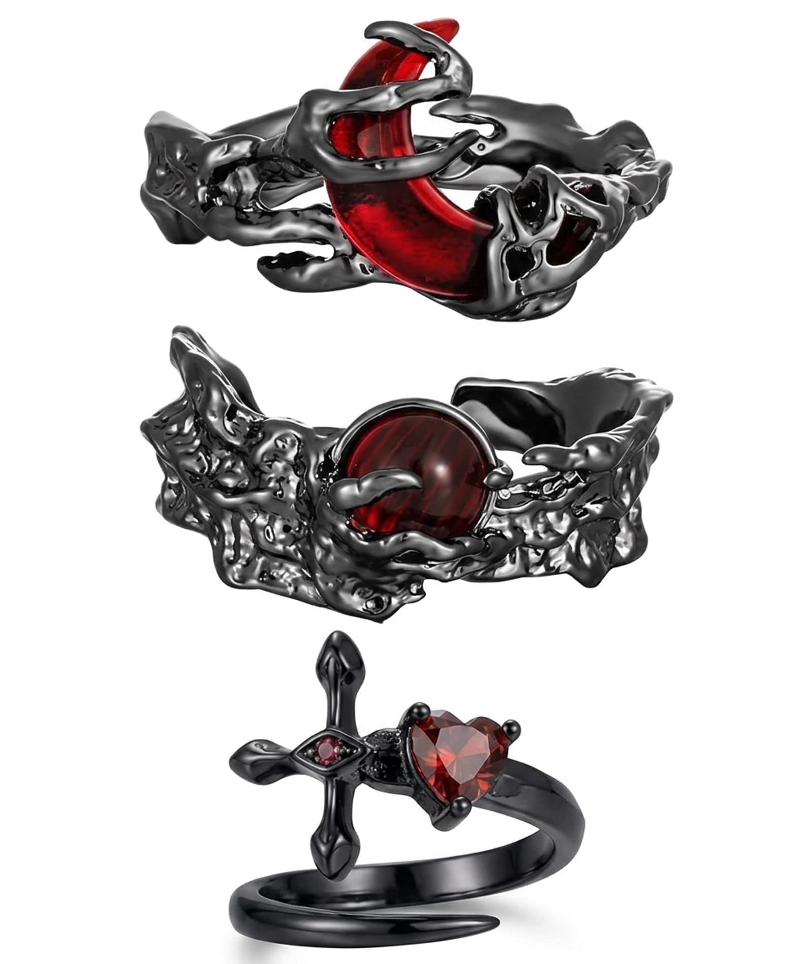 in-imagine 3 PCS Gothic Rings, Gothic Jewellery, Gothic Jewellery Men, Aesthetic Jewellery, Adjustable Rings for Man, Red Sun and Moon Design with Figurine, Fit for Daily Gothic Fashion and Music Event-picture-34