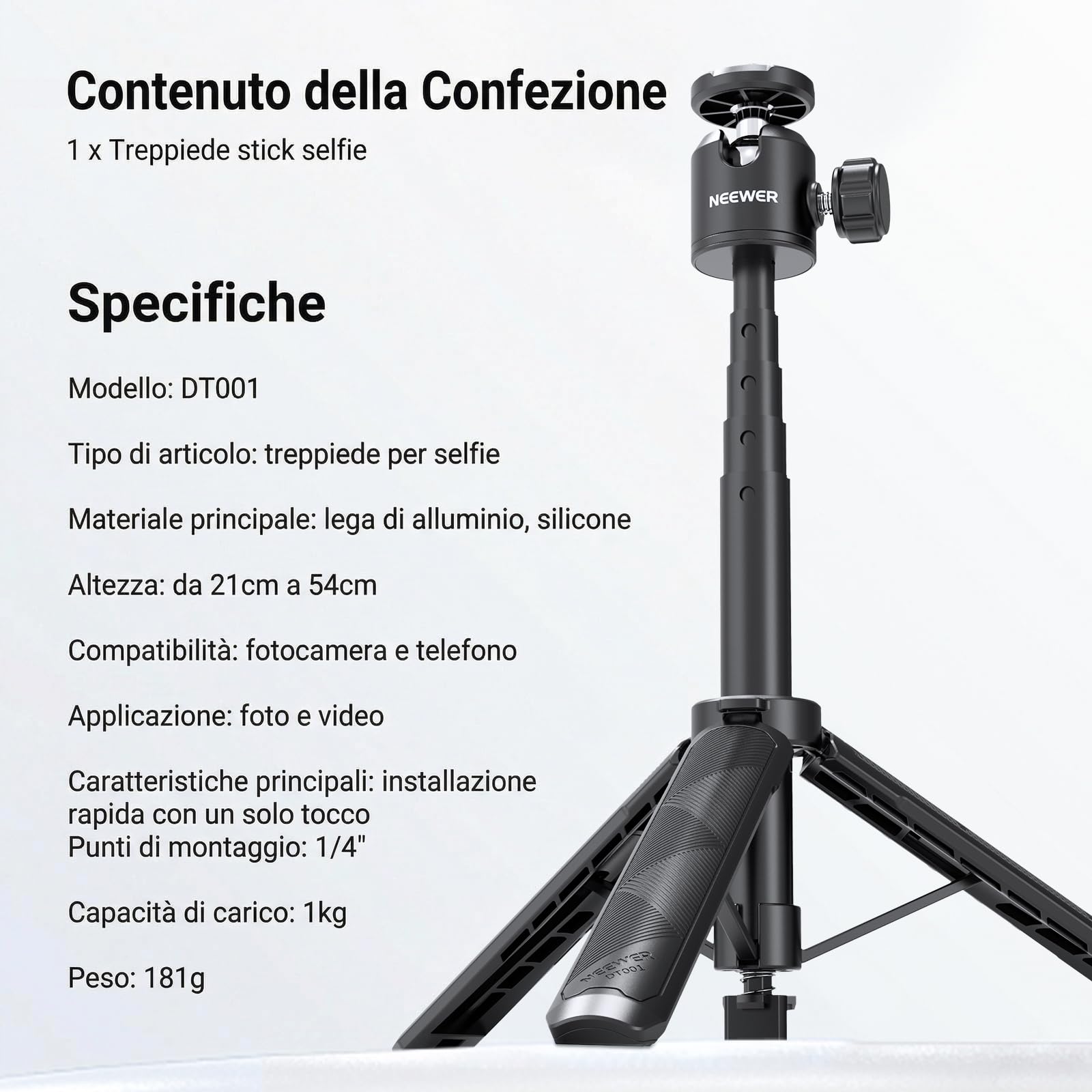 NEEWER BASICS Treppiede Selfie Stick Estensibile, Impugnatura Supporto Portatile in Metallo Compatibile con Canon G7X Mark III Sony ZV-1 RX100 VII A6400 A6600 Nikon Camera Webcam per Vlogging, DT001