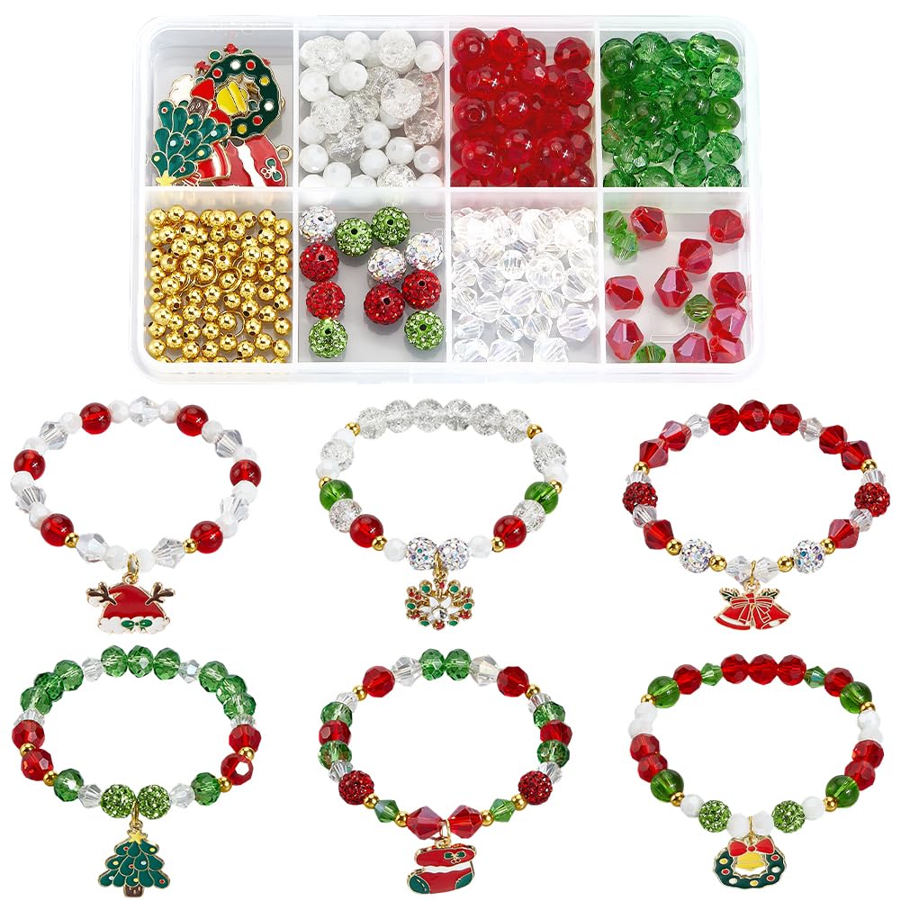 SUNNYCLUE 1 Box 208Pcs DIY 6 Sets Christmas Bracelet Making Kit Enamel Xmas Charms Red Green Bead Glass Polymer Clay Rhinestone Spacer Beads for Jewellery Making Kits Craft Gift Holiday Women Supplies