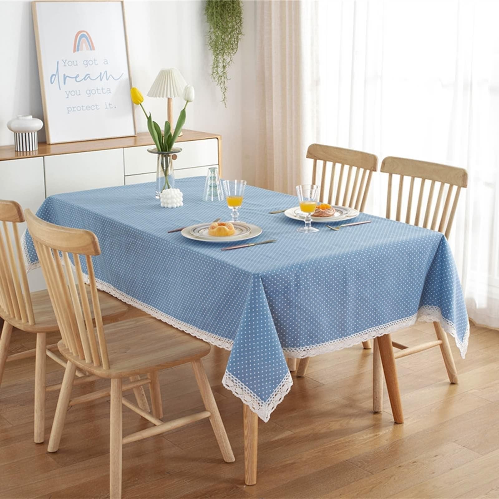 Tovaglia rettangolare 140 x 220 cm in poliestere lavabile per 68 persone blu tinta unita con bordo ricamato decorazione da tavolo stile country accessorio ideale per la casa