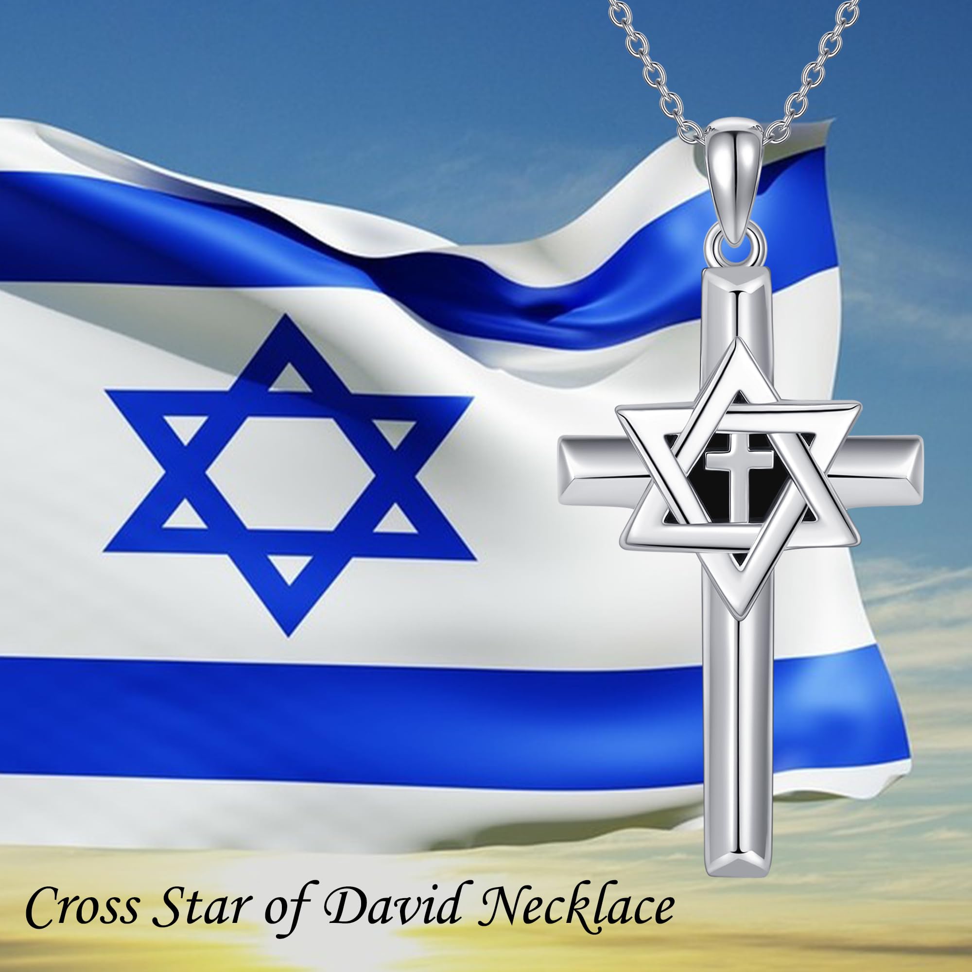 YAFEINI Collier en argent sterling avec pendentif en forme de croix et étoile de David - Bijou religieux judéo pour homme et femme, Argent