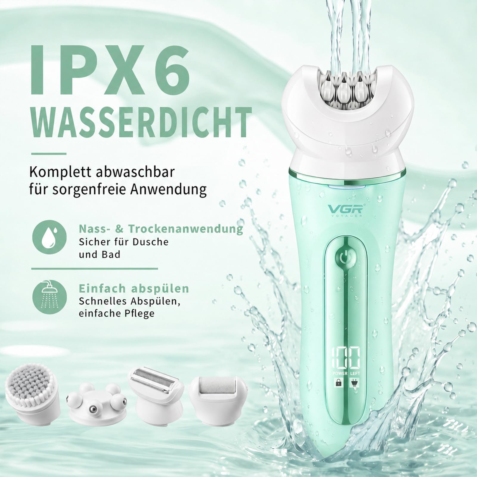 VGR 751 5-in-1 Epilierer Damen Mit Rasierer Gesichtsreinigungsbürste, Grün