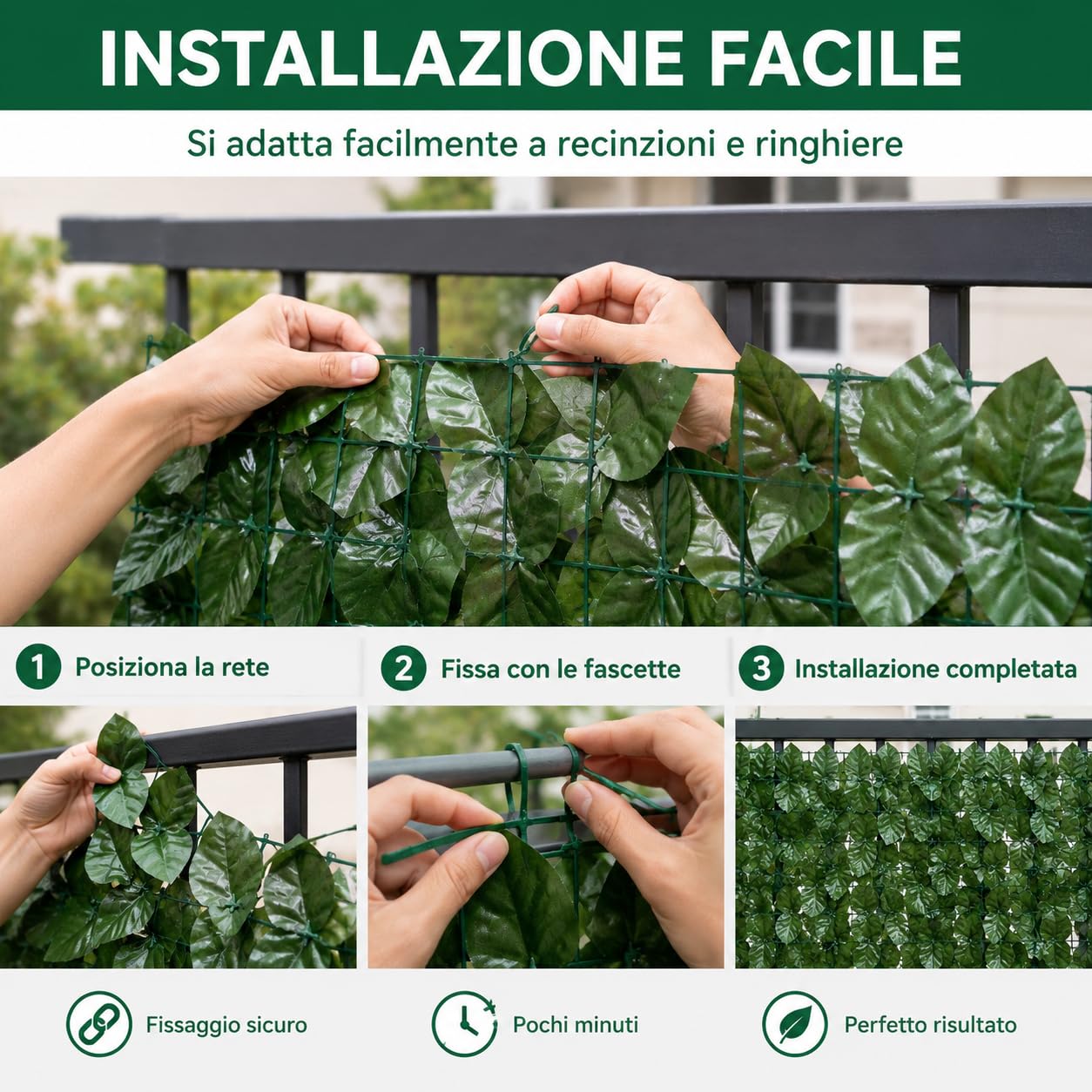 Siepe Artificiale 1x3 m, Siepe Finta Frangivista per Balcone e Giardino, Rete Privacy con Foglie di Edera Artificiali, Copri Ringhiera Decorativo per Recinzione Esterno, Verde