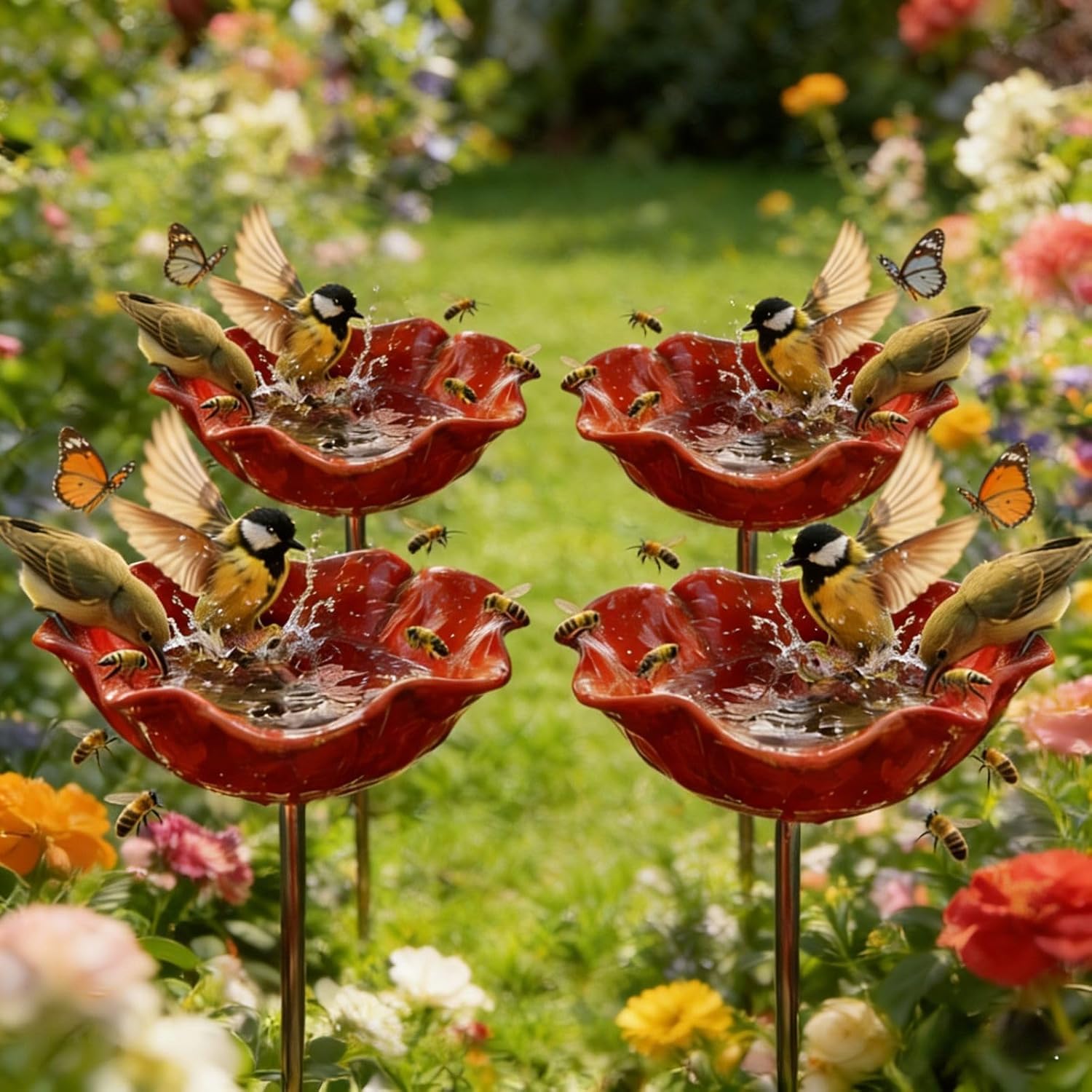 Handmade Metal Flower Garden Stake: 4Pcs 60CM Metal Flowers Bird Feeder For Garden, Rain Catcher Bird Bath Bowls, Bee Watering Station Cups, Hummingbird Water Fountain Outdoor Decor