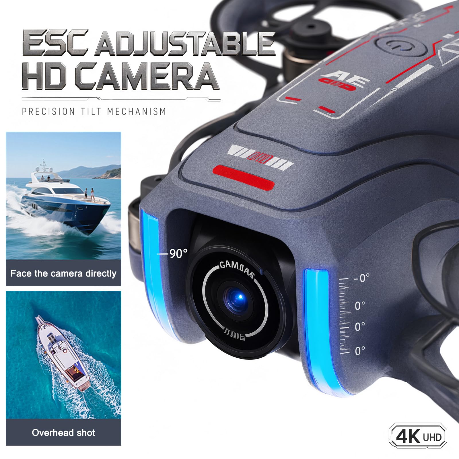 Drone con fotocamera, telecomando con schermo da 4,5 pollici, prevenzione intelligente degli ostacoli, fotocamera regolabile a 90 gradi, scheda SD inclusa, 2 batterie, adatto per adulti e principianti