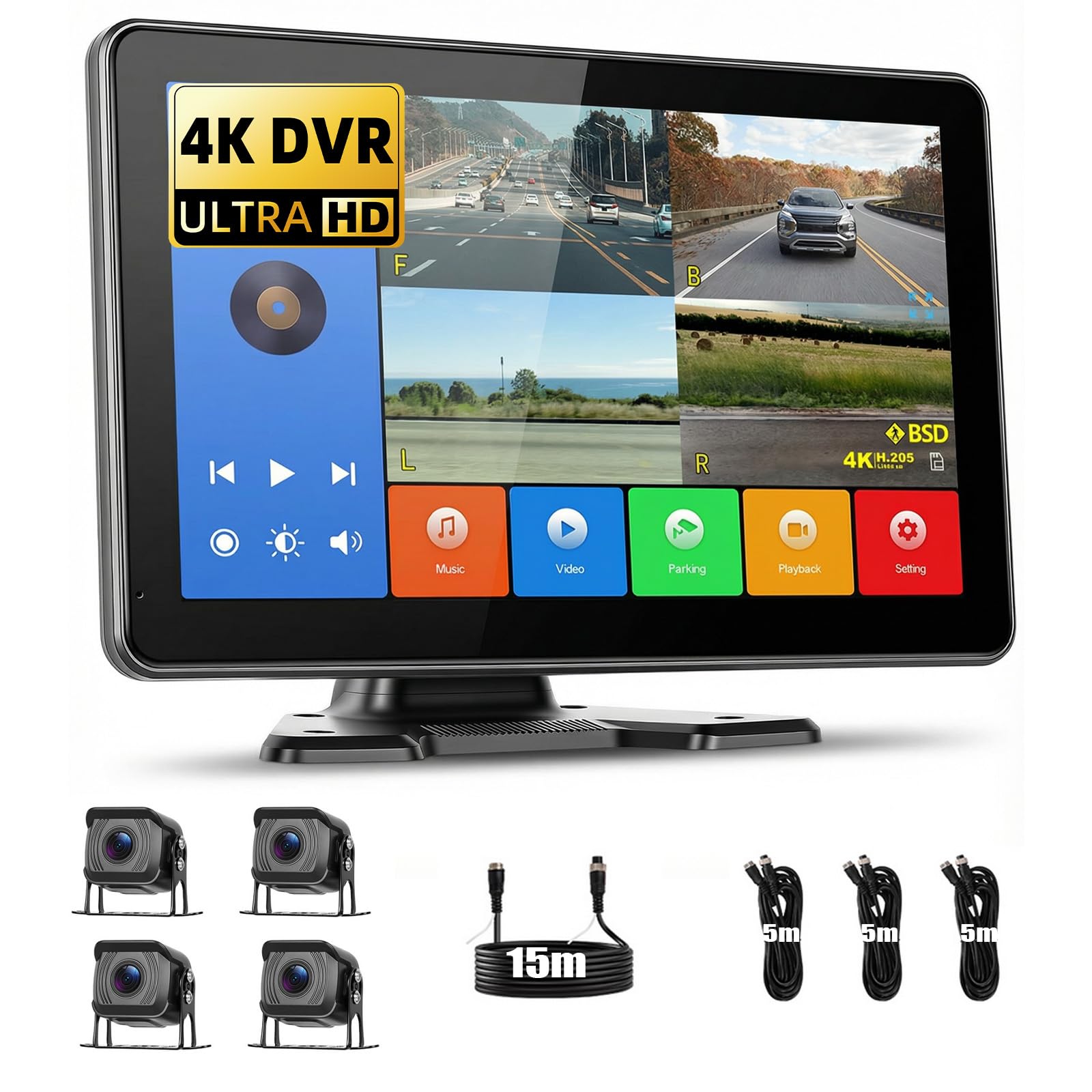 Caméra de Recul Moniteur avec 4 Caméras Kit Filaire, IPS 10,1 Pouces 4K DVR avec BSD, étanche IP68, Enregistrement, Surveillance du Stationnement pour Camions/Remorque/Camping-Car