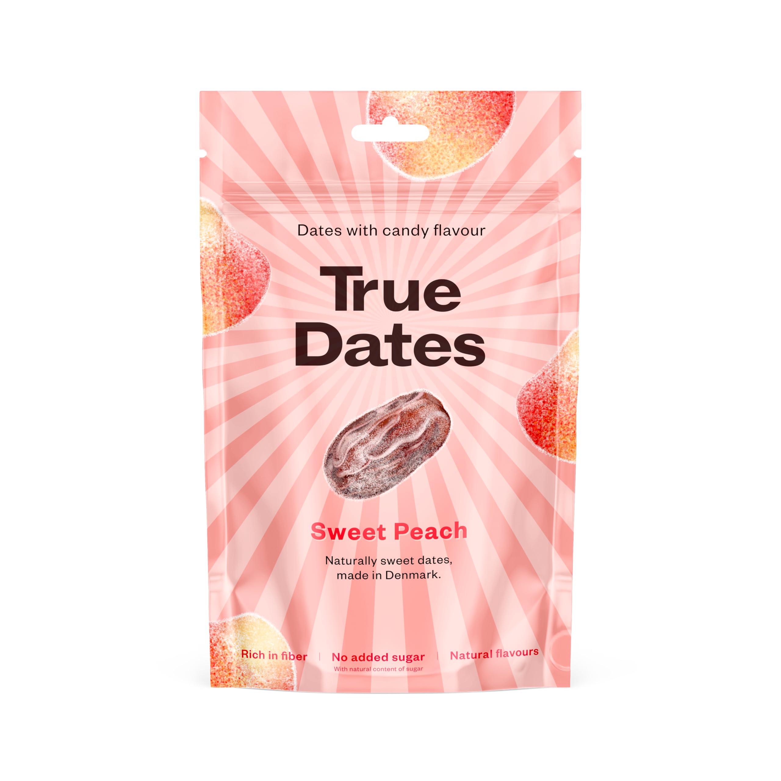 True Dates Sweet Peach dátiles aromatizados, la alternativa saludable a las gominolas. Sabor a la golosina de corazón de melocotón, dátiles con aromas naturales y packaging biodagradable