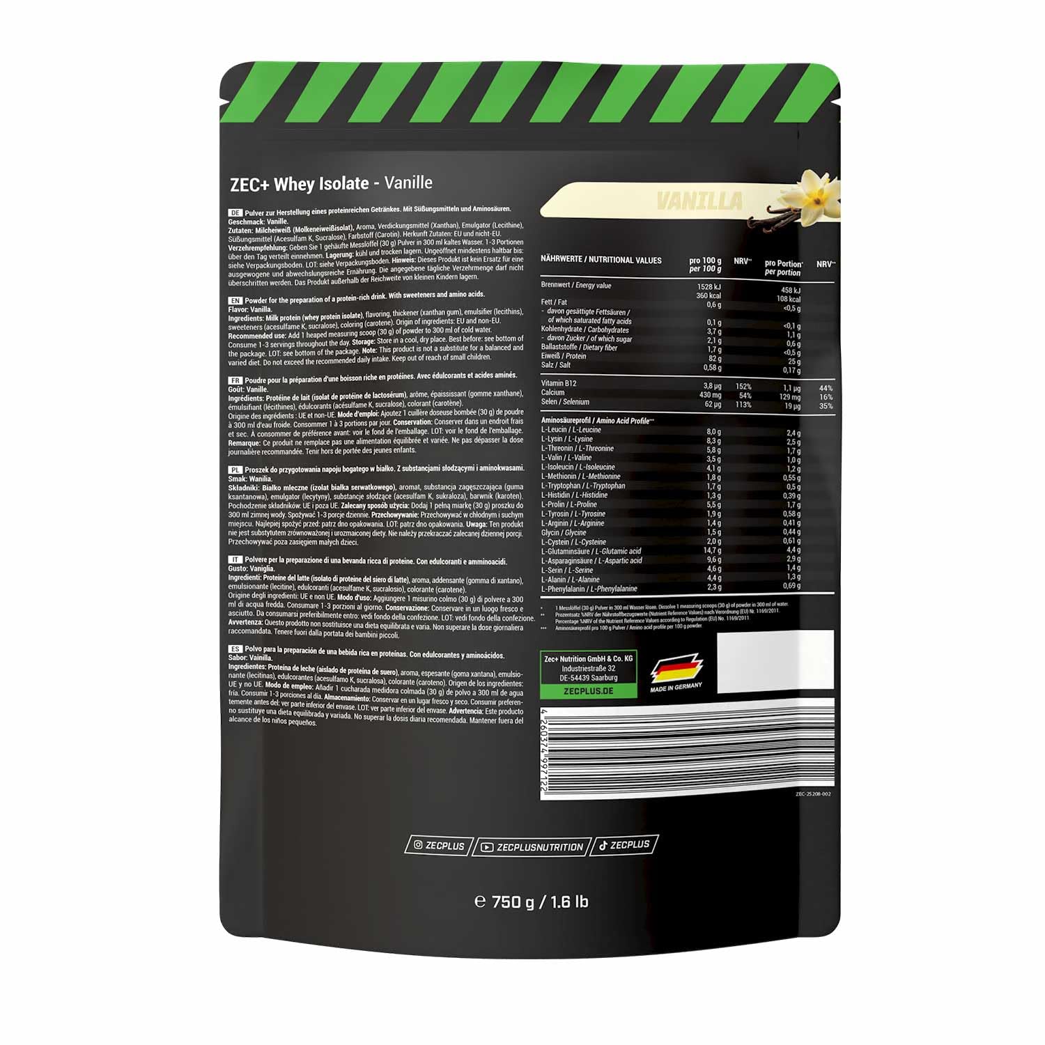 ZEC+ WHEY ISOLATE - Fettarmes Eiweißpulver aus reinem Molkenprotein, laktosearmer Eiweißshake - Made In Germany - 750g, Vanille