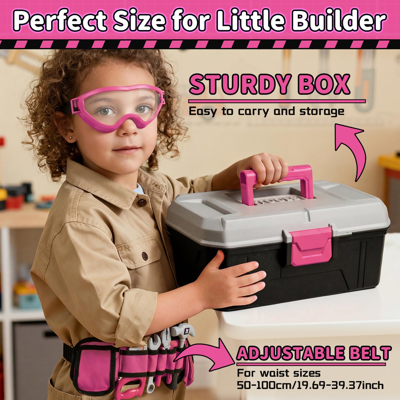 KidBloom Kids Tool Set, 50 Pcs Kids Tool Box with Toy Drill & Tool Belt, Toys for 3 4 5 Year Old Boys Gifts (Różowy)