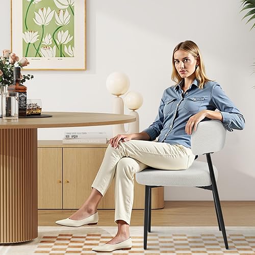 Miniatura 6 de Sweetcrispy Juego de 4 sillas de comedor, sillas de cocina redondas de tela Boucle modernas de mediados de siglo con respaldo curvado y patas de